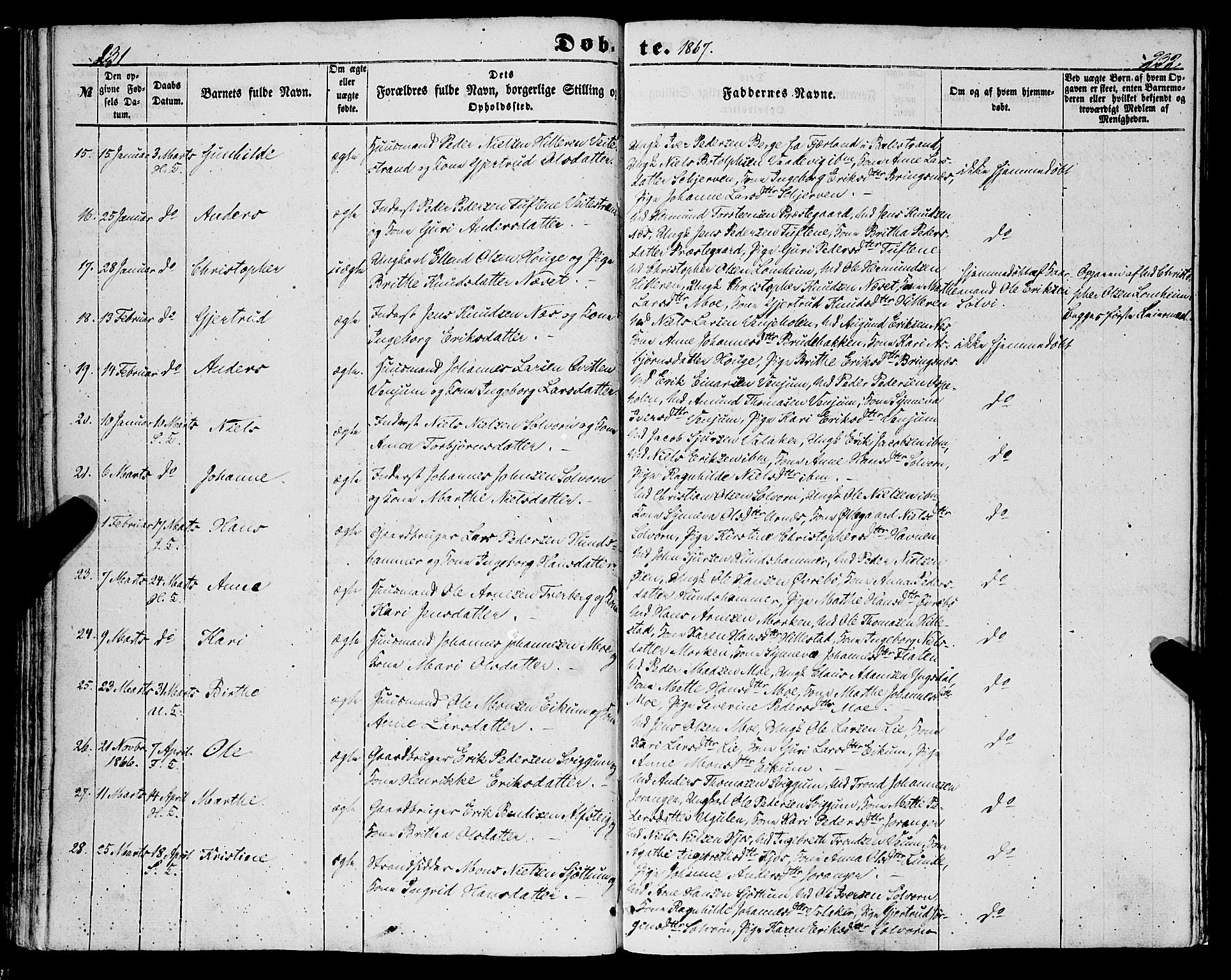 Hafslo sokneprestembete, AV/SAB-A-80301/H/Haa/Haaa/L0009: Ministerialbok nr. A 9, 1852-1873, s. 231-232