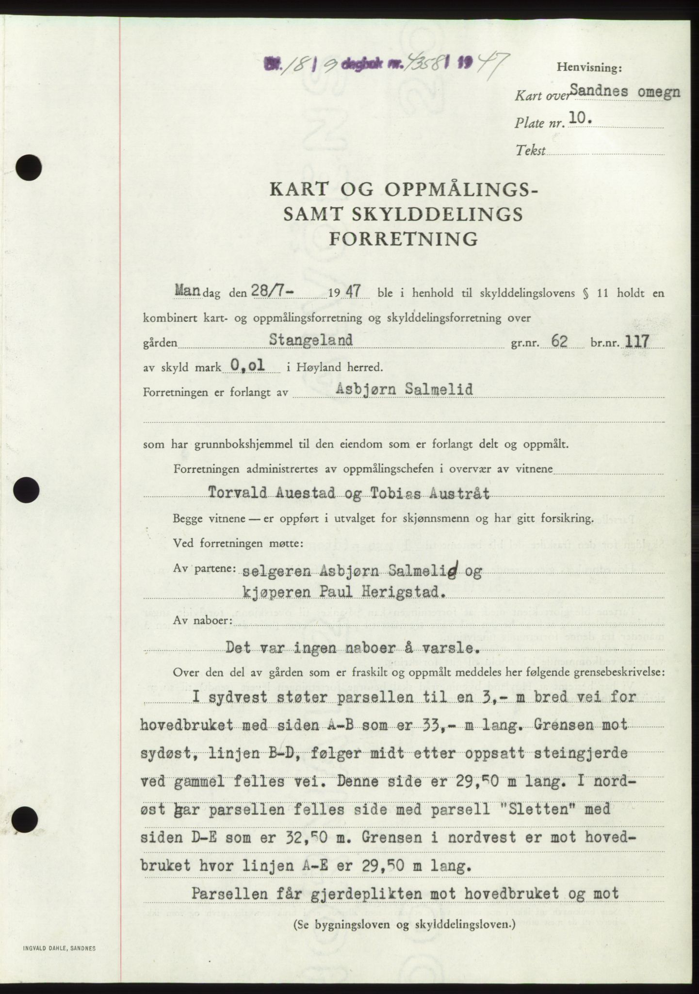 Jæren sorenskriveri, SAST/A-100310/03/G/Gba/L0096: Pantebok, 1947-1947, Dagboknr: 4358/1947