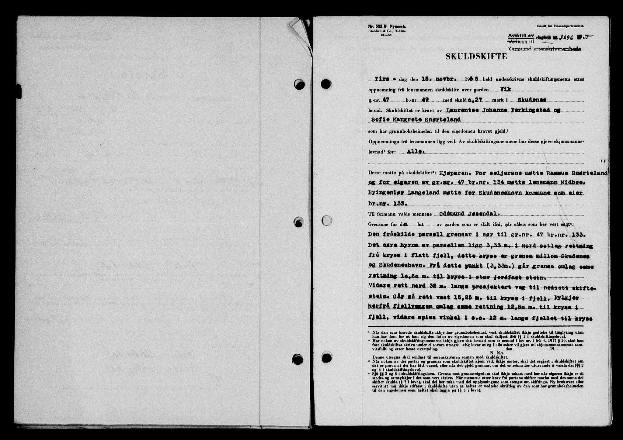 Karmsund sorenskriveri, SAST/A-100311/01/II/IIB/L0117: Pantebok nr. 97Aa, 1955-1955, Dagboknr: 3696/1955