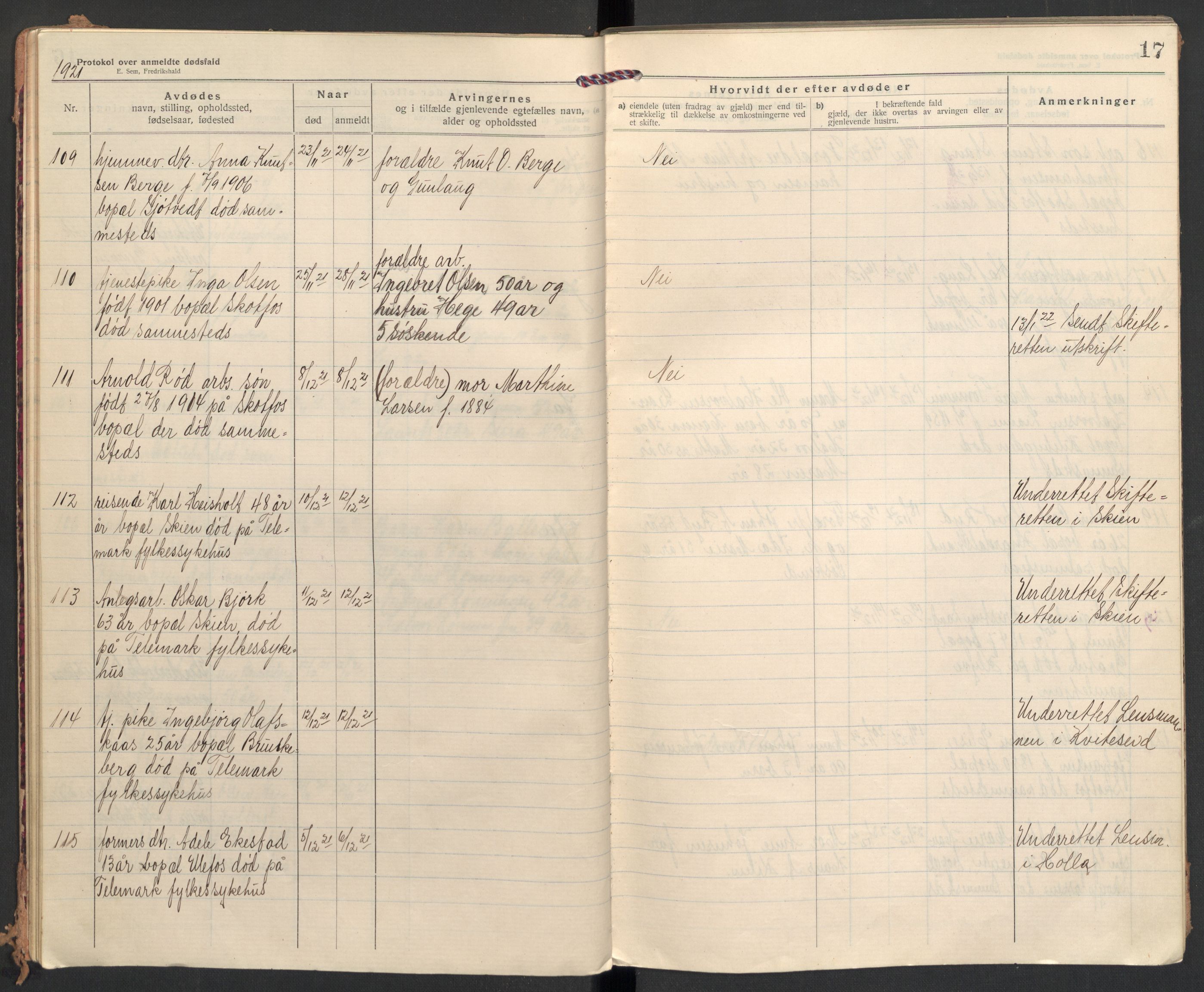 Solum lensmannskontor, AV/SAKO-A-575/H/Ha/L0005: Dødsanmeldelsesprotokoll, 1921-1924, s. 17