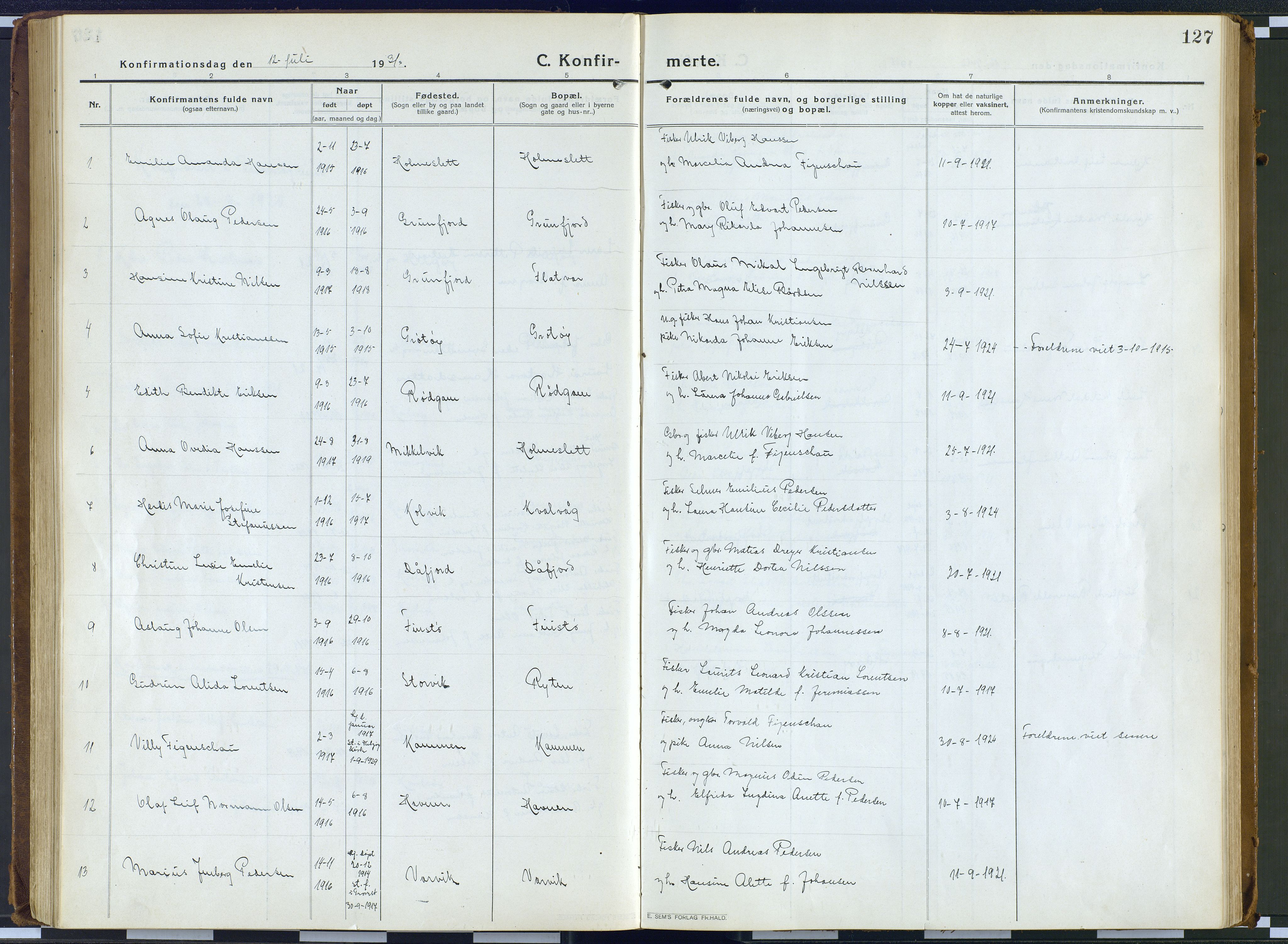 Karlsøy sokneprestembete, SATØ/S-1299: Ministerialbok nr. 16, 1916-1934, s. 127