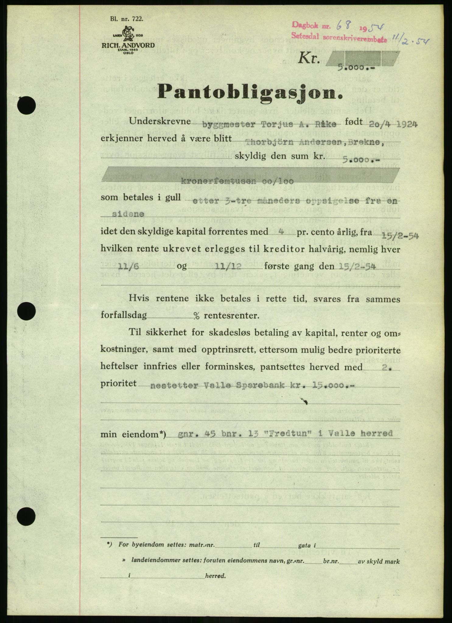 Setesdal sorenskriveri, SAK/1221-0011/G/Gb/L0052: Pantebok nr. B 40, 1954-1955, Dagboknr: 68/1954