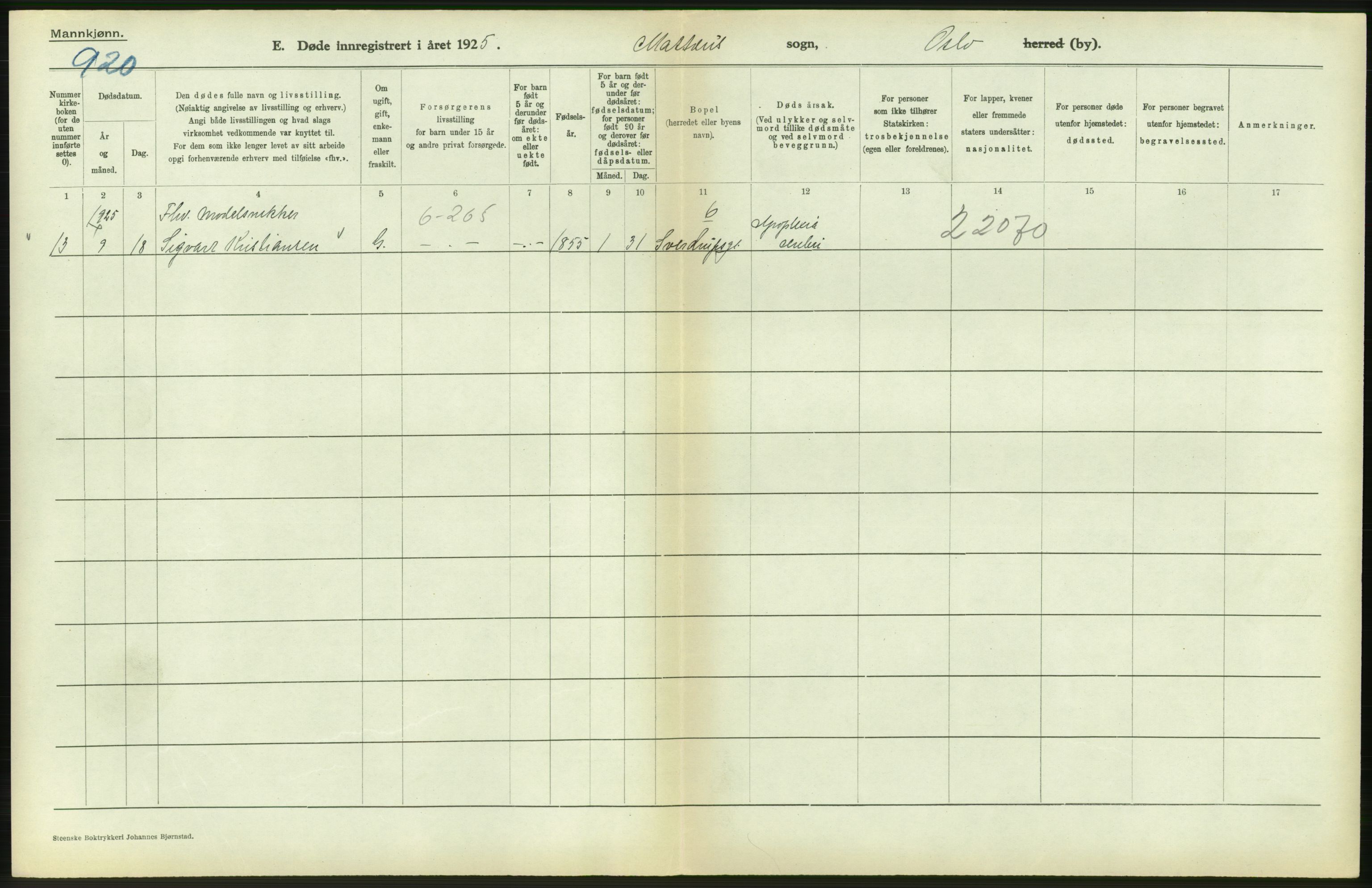 Statistisk sentralbyrå, Sosiodemografiske emner, Befolkning, AV/RA-S-2228/D/Df/Dfc/Dfce/L0009: Oslo: Døde menn, 1925, s. 342