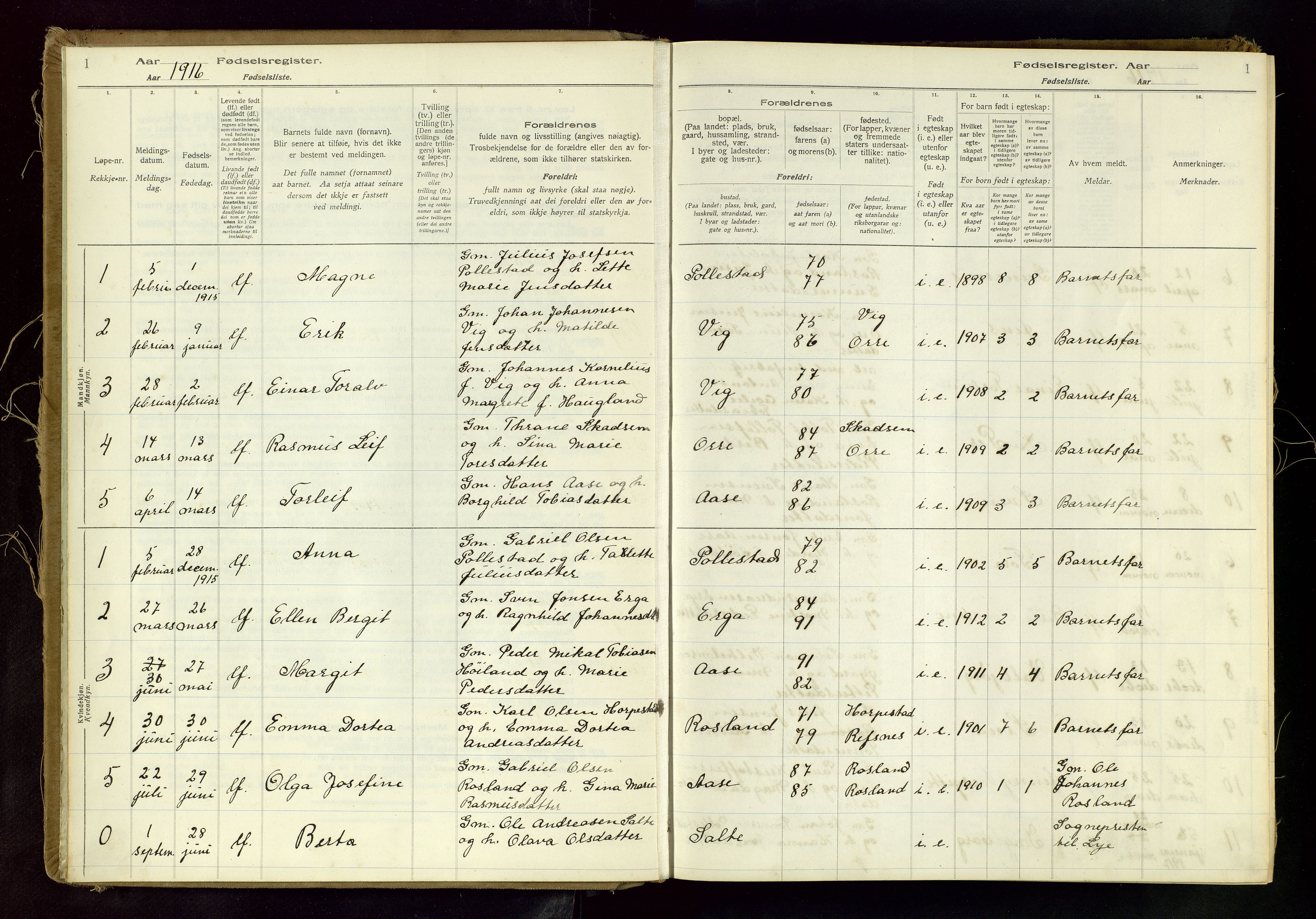 Klepp sokneprestkontor, AV/SAST-A-101803/001/704BAC/L0001: Fødselsregister nr. 1, 1916-1982, s. 1