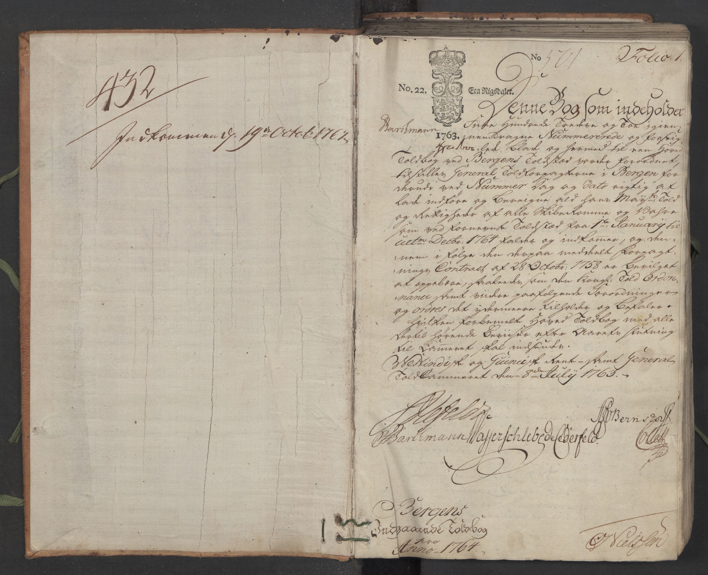 Generaltollkammeret, tollregnskaper, RA/EA-5490/R26/L0111/0001: Tollregnskaper Bergen A / Inngående hovedtollbok, 1764