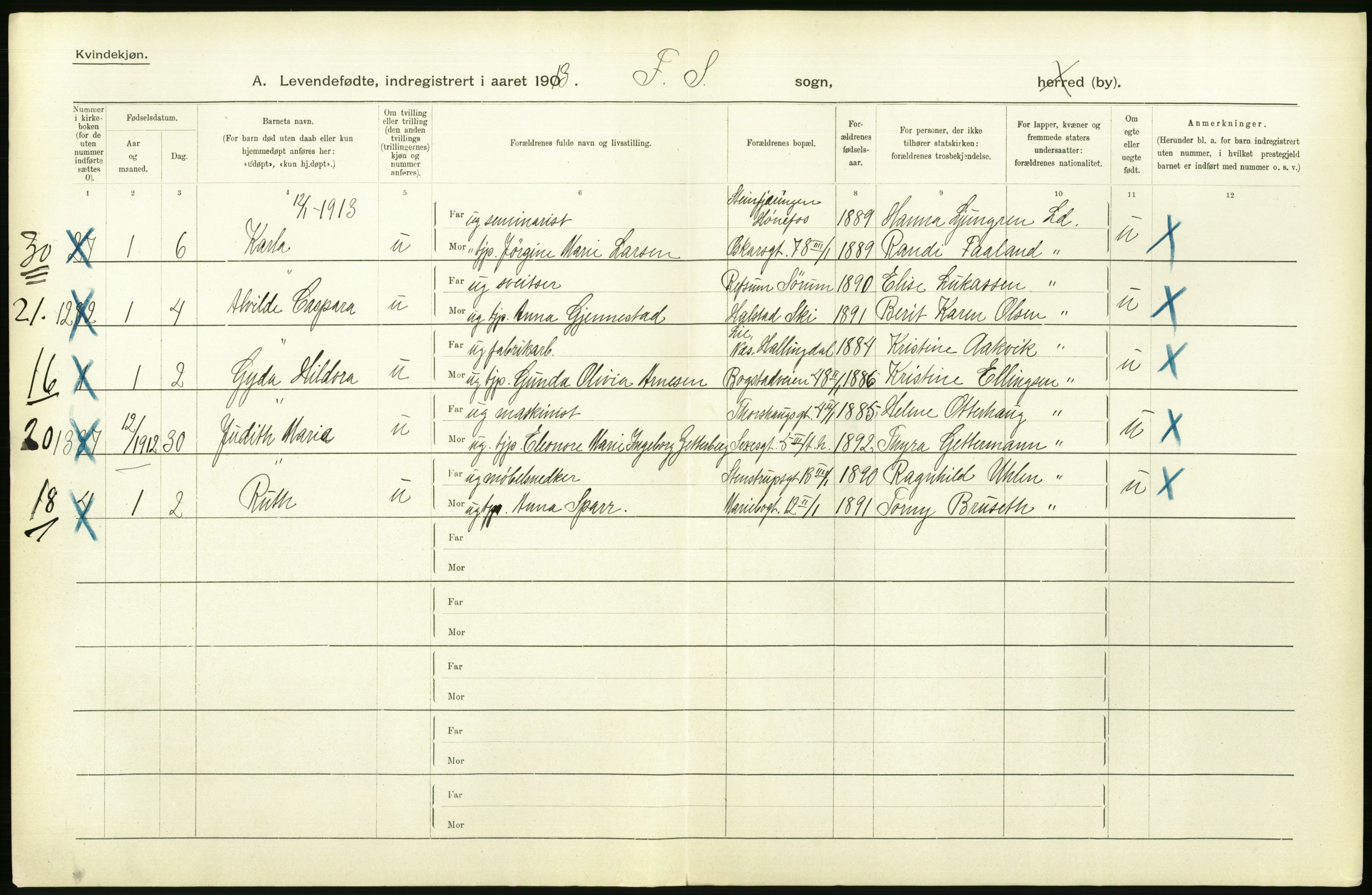 Statistisk sentralbyrå, Sosiodemografiske emner, Befolkning, AV/RA-S-2228/D/Df/Dfb/Dfbc/L0007: Kristiania: Levendefødte menn og kvinner., 1913, s. 300