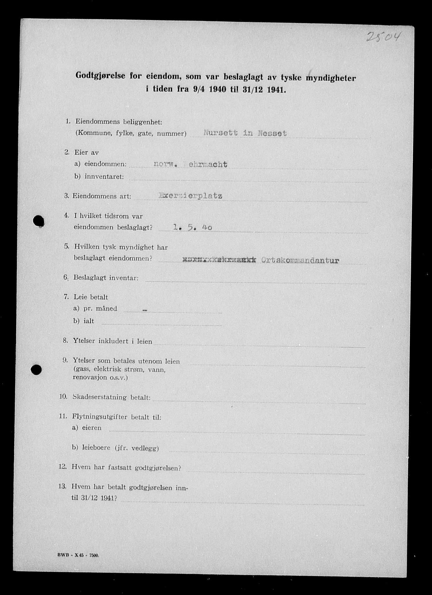 Justisdepartementet, Tilbakeføringskontoret for inndratte formuer, RA/S-1564/I/L1018: Godtgjørelse for beslaglagt eiendom, 1940-1941, s. 275