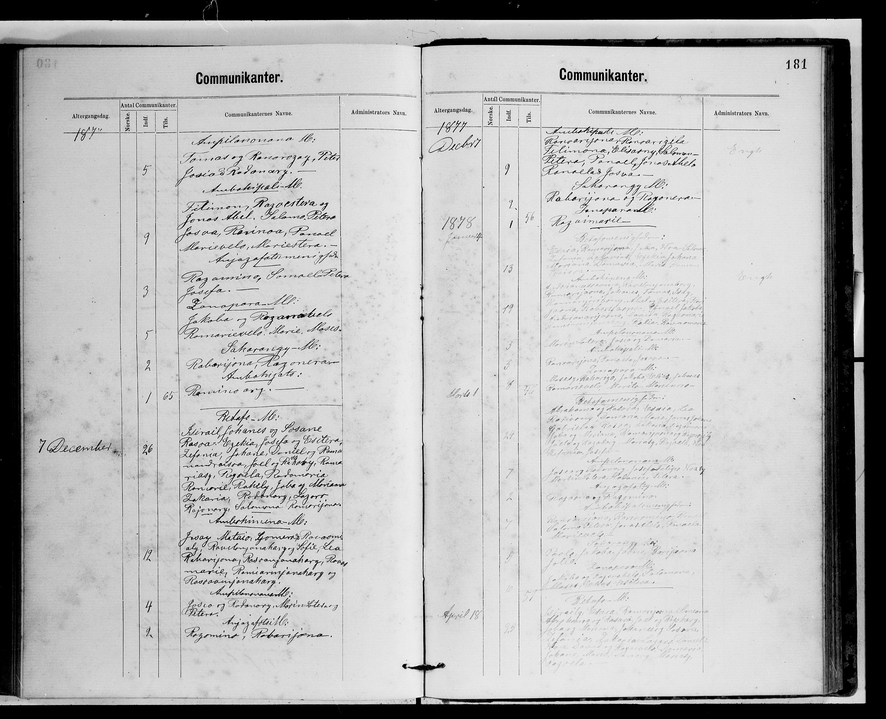 Archives FLM/NMS, Madagaskar, VID/MA-A-1163/D/Db/L0269: Ministerialbok nr. 1, 1867-1884, s. 181