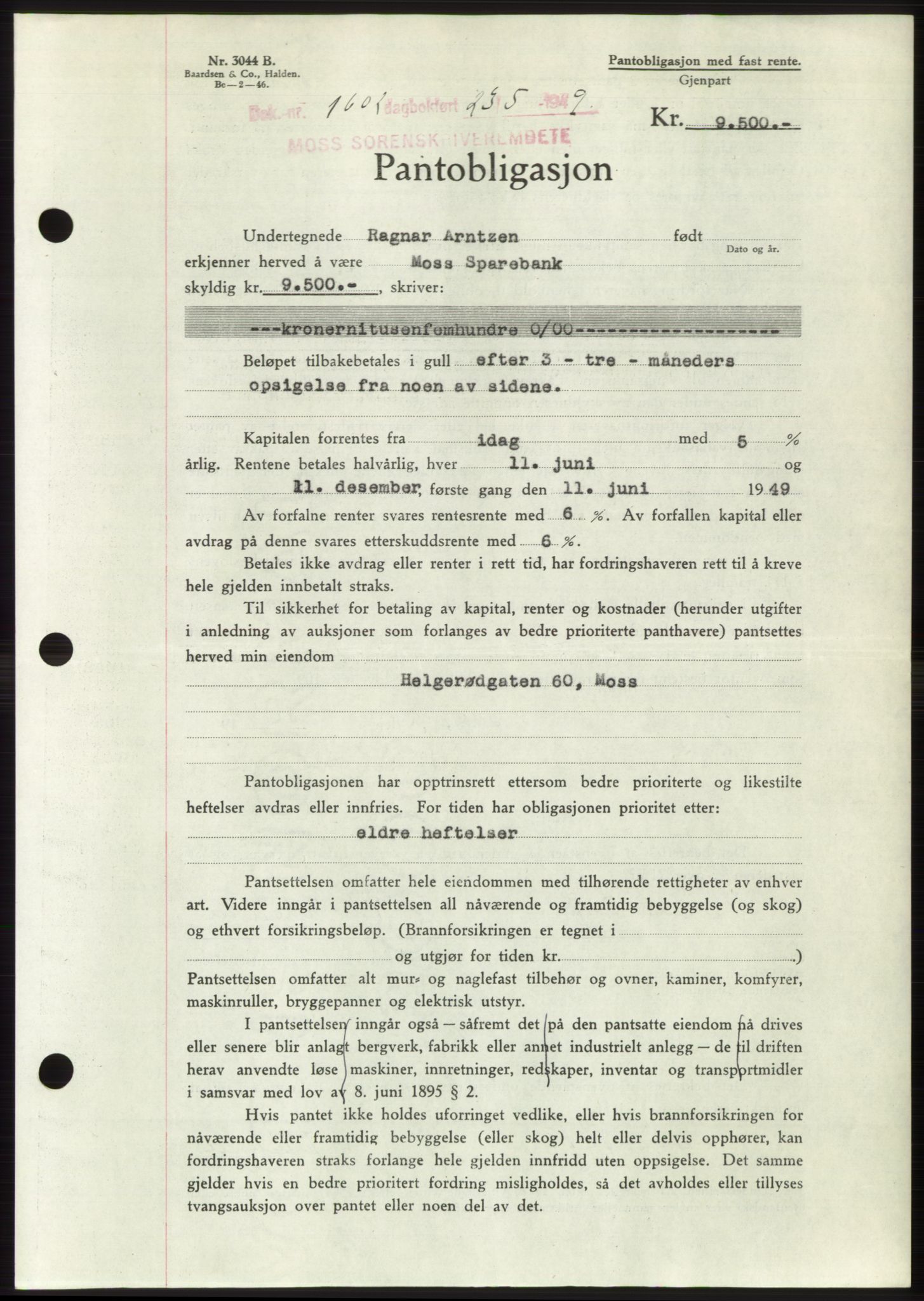 Moss sorenskriveri, SAO/A-10168: Pantebok nr. B22, 1949-1949, Dagboknr: 1602/1949