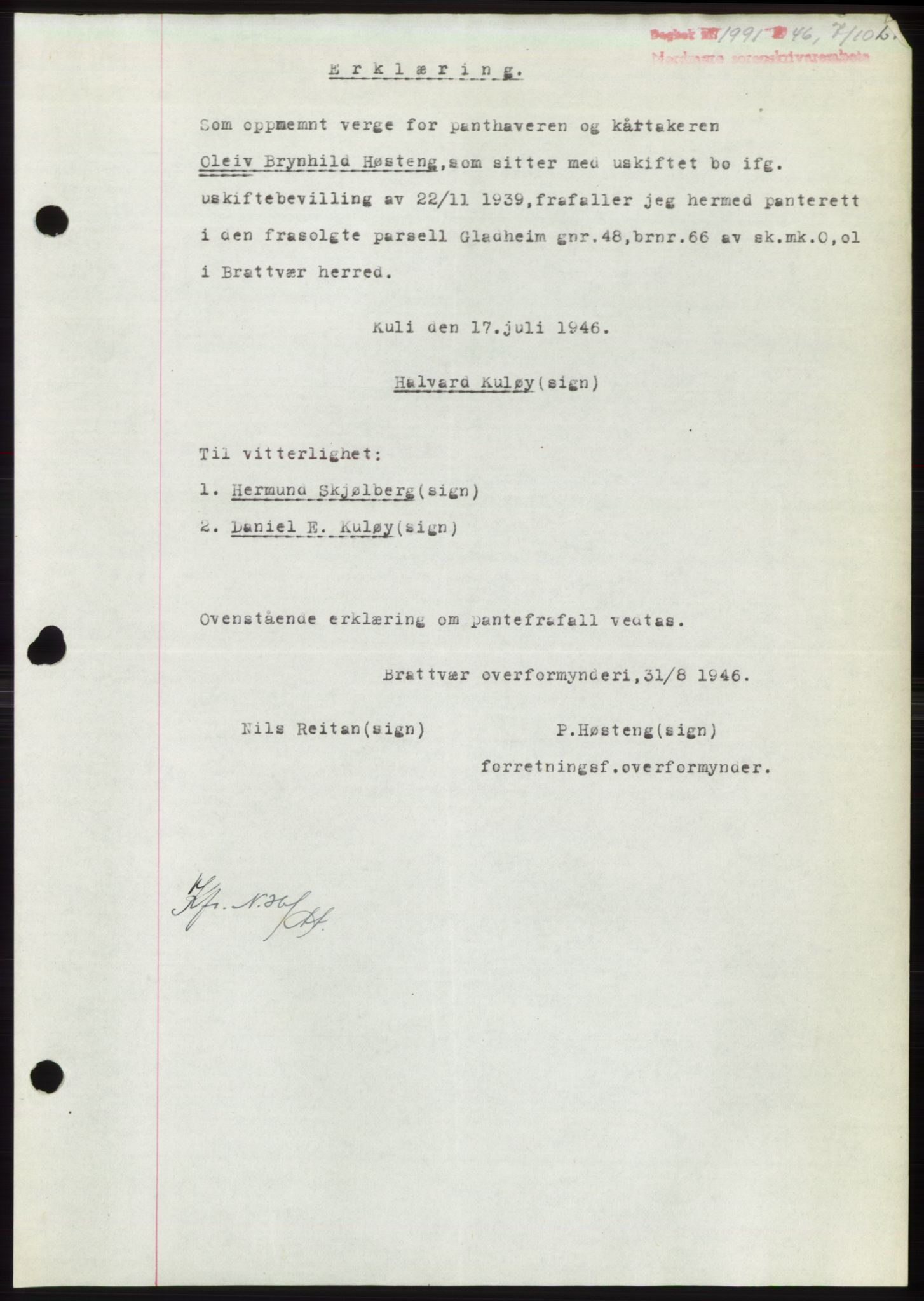 Nordmøre sorenskriveri, SAT/A-4132/1/2/2Ca: Pantebok nr. B95, 1946-1947, Dagboknr: 1991/1946