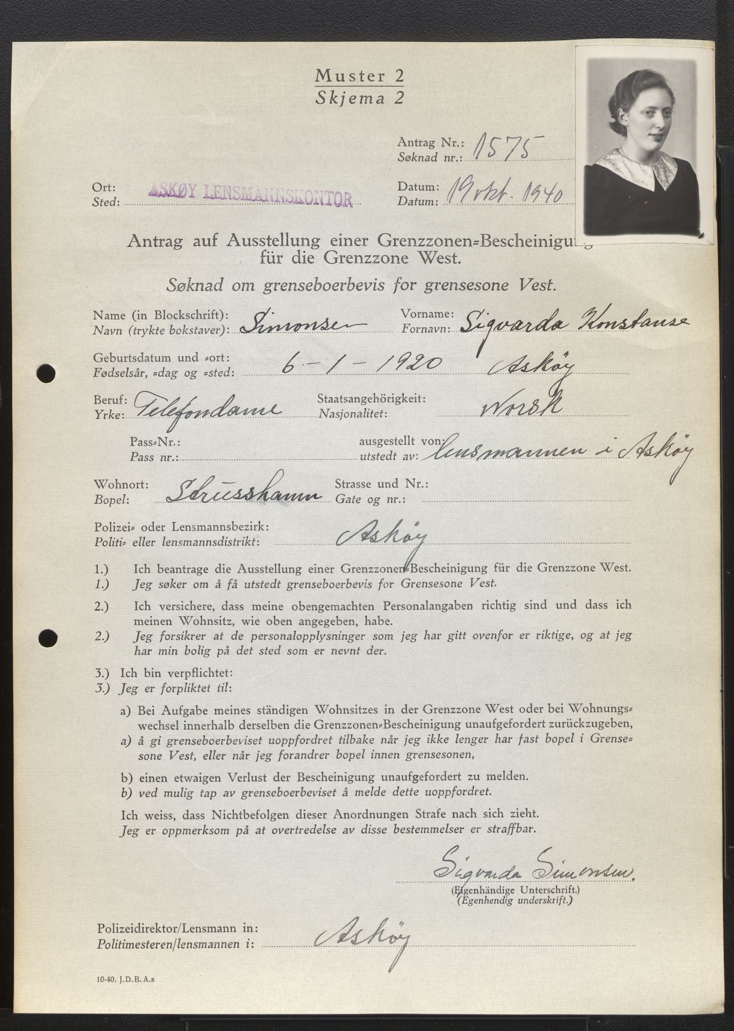 Lensmannen i Askøy, AV/SAB-A-31001/0026/L0006: Søknader om grensebuarbevis 1276 - 1700, 1940, s. 600