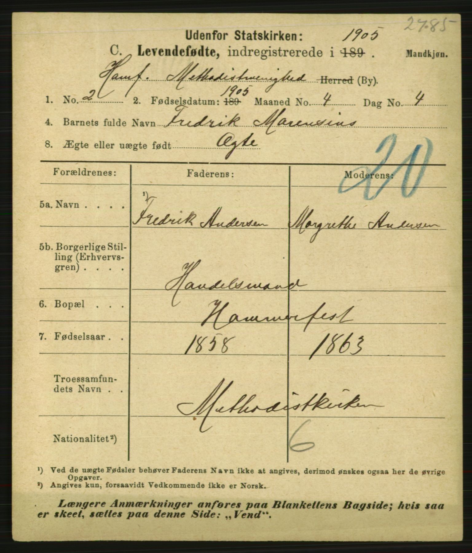 Statistisk sentralbyrå, Sosiodemografiske emner, Befolkning, AV/RA-S-2228/E/L0003: Fødte, gifte, døde dissentere., 1905, s. 1669