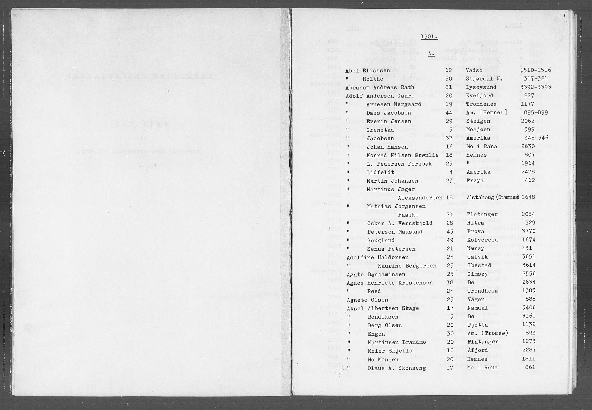 Trondheim politikammer, SAT/A-1887/1/32/L0019/0005: Registre til emigrantprotokollene / Fornavnsregister, 1901-1905