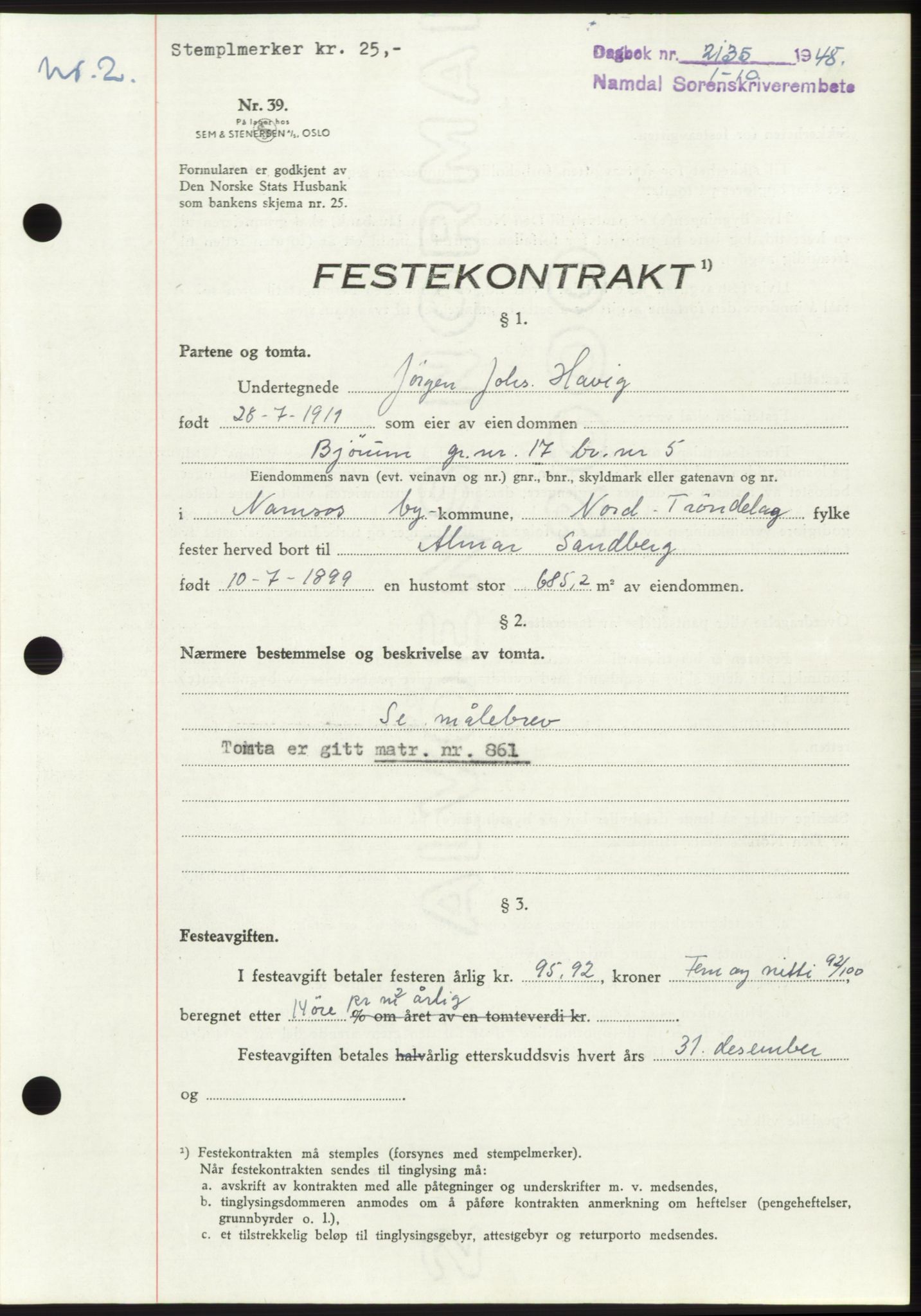 Namdal sorenskriveri, SAT/A-4133/1/2/2C: Pantebok nr. -, 1948-1948, Dagboknr: 2135/1948
