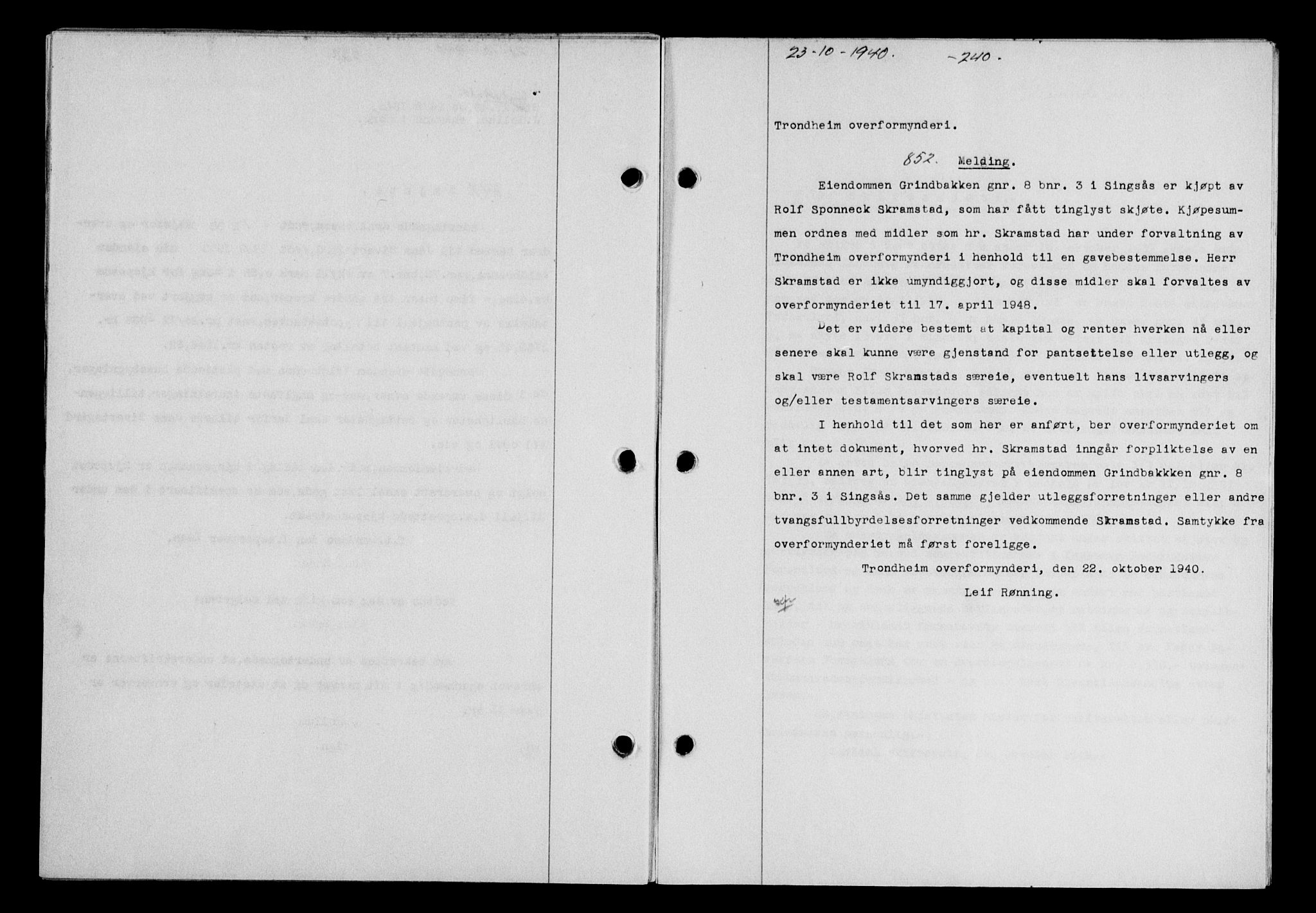 Gauldal sorenskriveri, SAT/A-0014/1/2/2C/L0052: Pantebok nr. 57, 1940-1941, Dagboknr: 852/1940