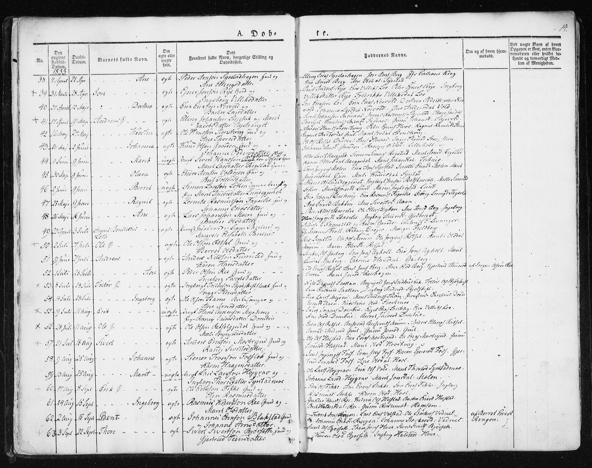 Ministerialprotokoller, klokkerbøker og fødselsregistre - Sør-Trøndelag, SAT/A-1456/672/L0855: Ministerialbok nr. 672A07, 1829-1860, s. 14