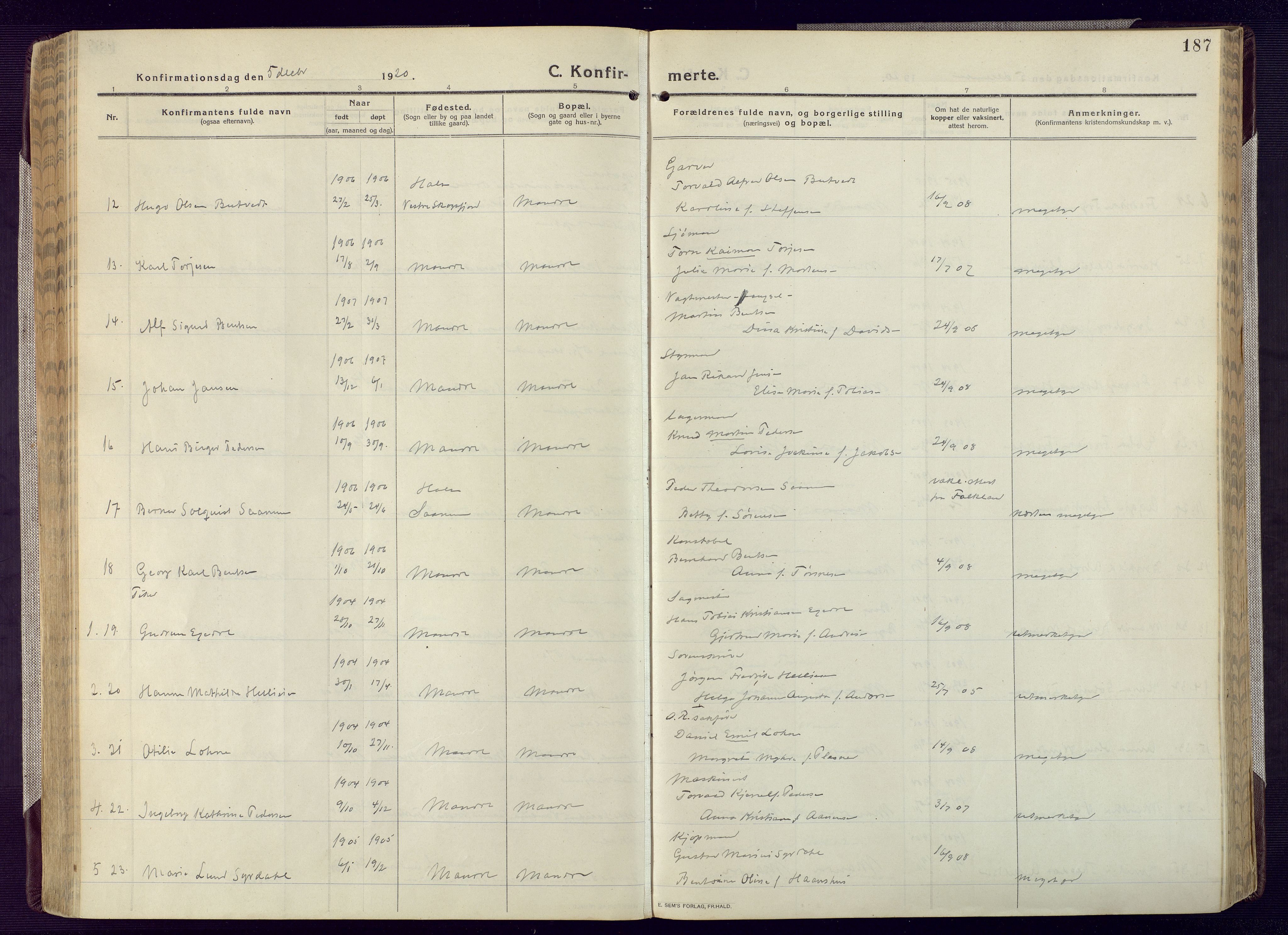 Mandal sokneprestkontor, SAK/1111-0030/F/Fa/Fac/L0001: Ministerialbok nr. A 1, 1913-1925, s. 187