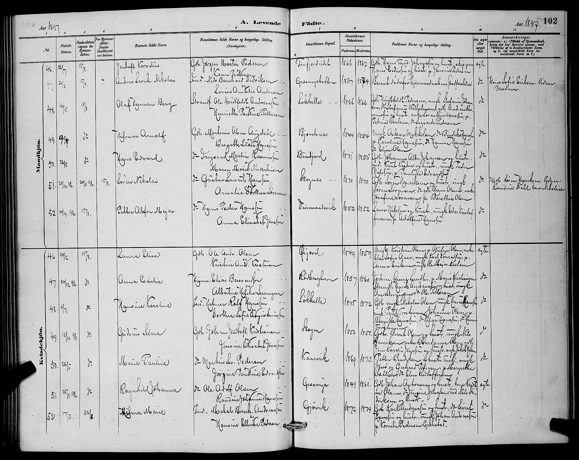 Lenvik sokneprestembete, AV/SATØ-S-1310/H/Ha/Hab/L0007klokker: Klokkerbok nr. 7, 1890-1898, s. 102