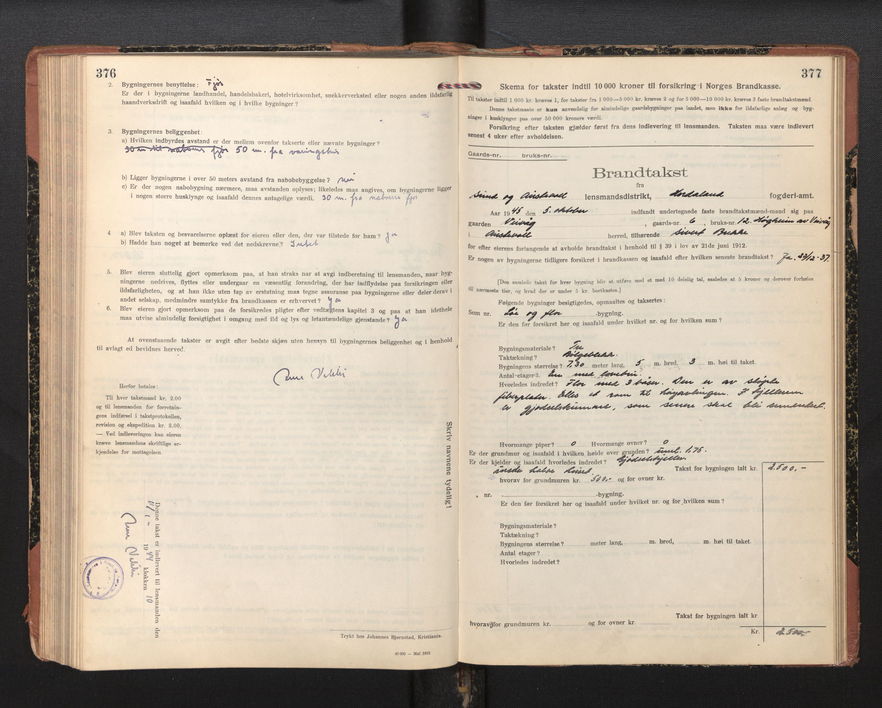 Lensmannen i Sund og Austevoll, SAB/A-35201/0012/L0004: Branntakstprotokoll, skjematakst, 1917-1949, s. 376-377