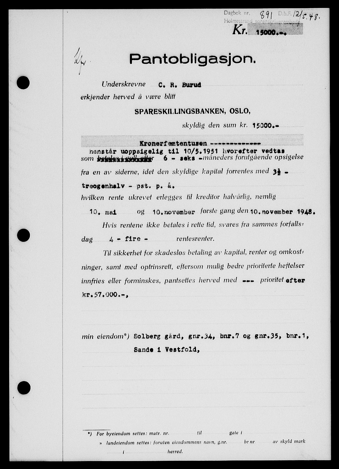 Holmestrand sorenskriveri, SAKO/A-67/G/Ga/Gab/L0058: Pantebok nr. B-58, 1947-1948, Dagboknr: 891/1948