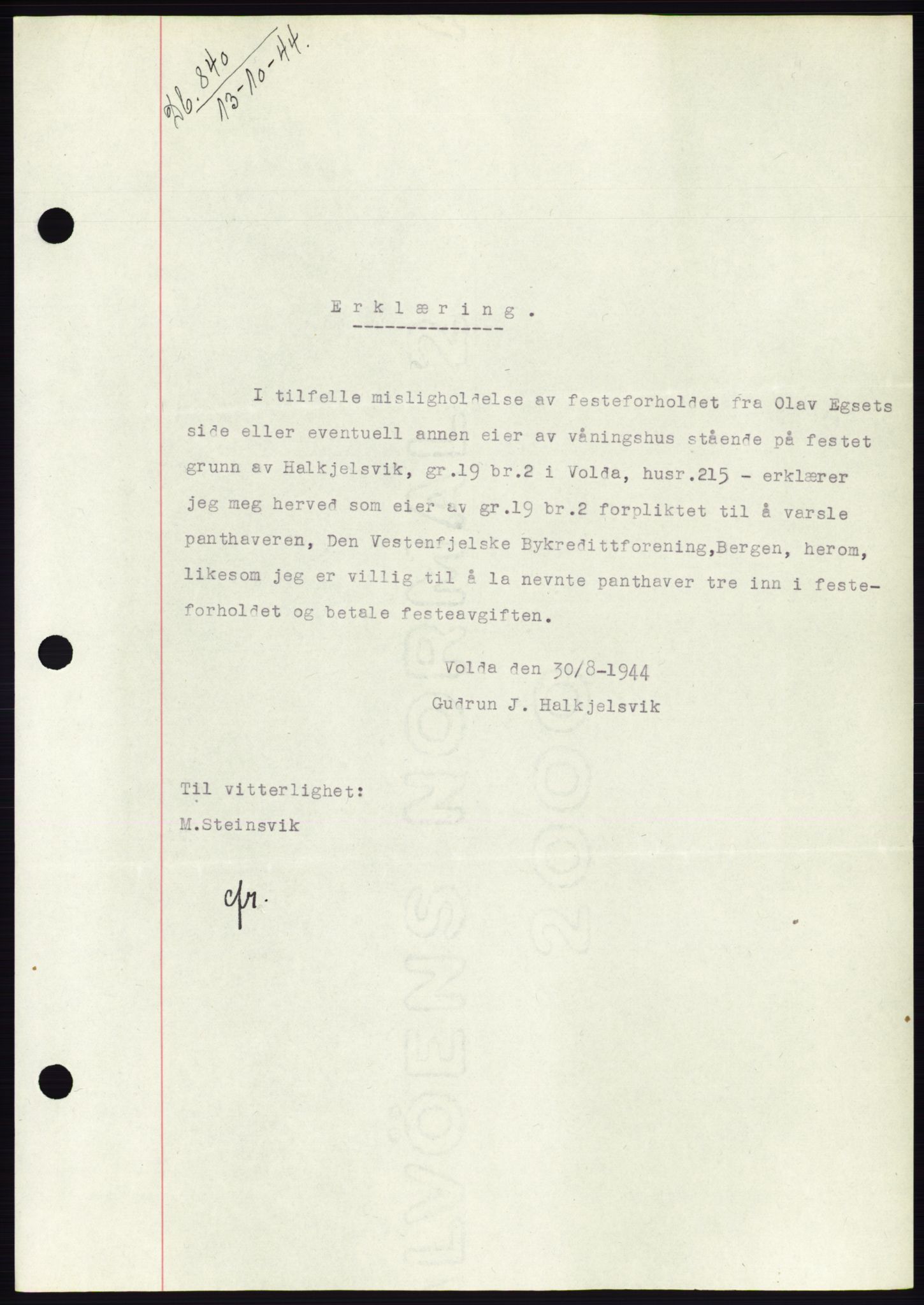 Søre Sunnmøre sorenskriveri, SAT/A-4122/1/2/2C/L0076: Pantebok nr. 2A, 1943-1944, Dagboknr: 840/1944