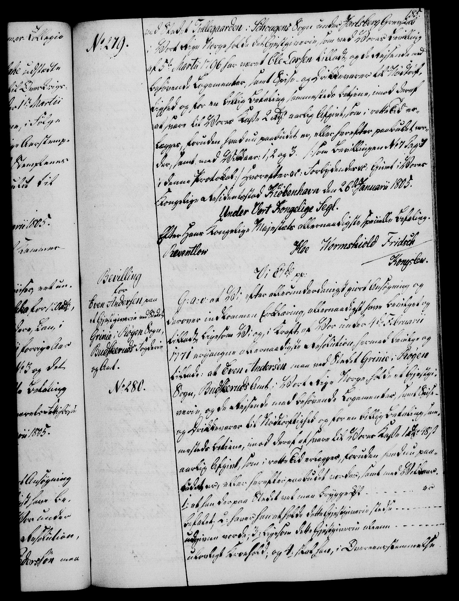 Rentekammeret, Kammerkanselliet, AV/RA-EA-3111/G/Gg/Gga/L0018: Norsk ekspedisjonsprotokoll med register (merket RK 53.18), 1804-1806, s. 185