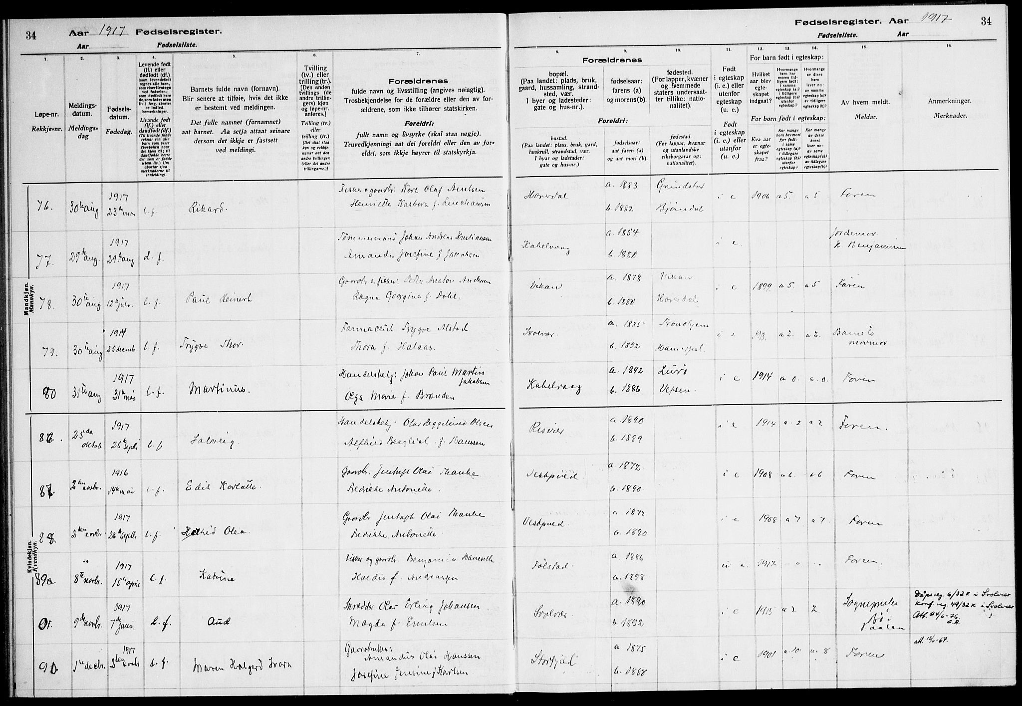 Ministerialprotokoller, klokkerbøker og fødselsregistre - Nordland, SAT/A-1459/874/L1089: Fødselsregister nr. 874.II.4.1, 1916-1926, s. 34