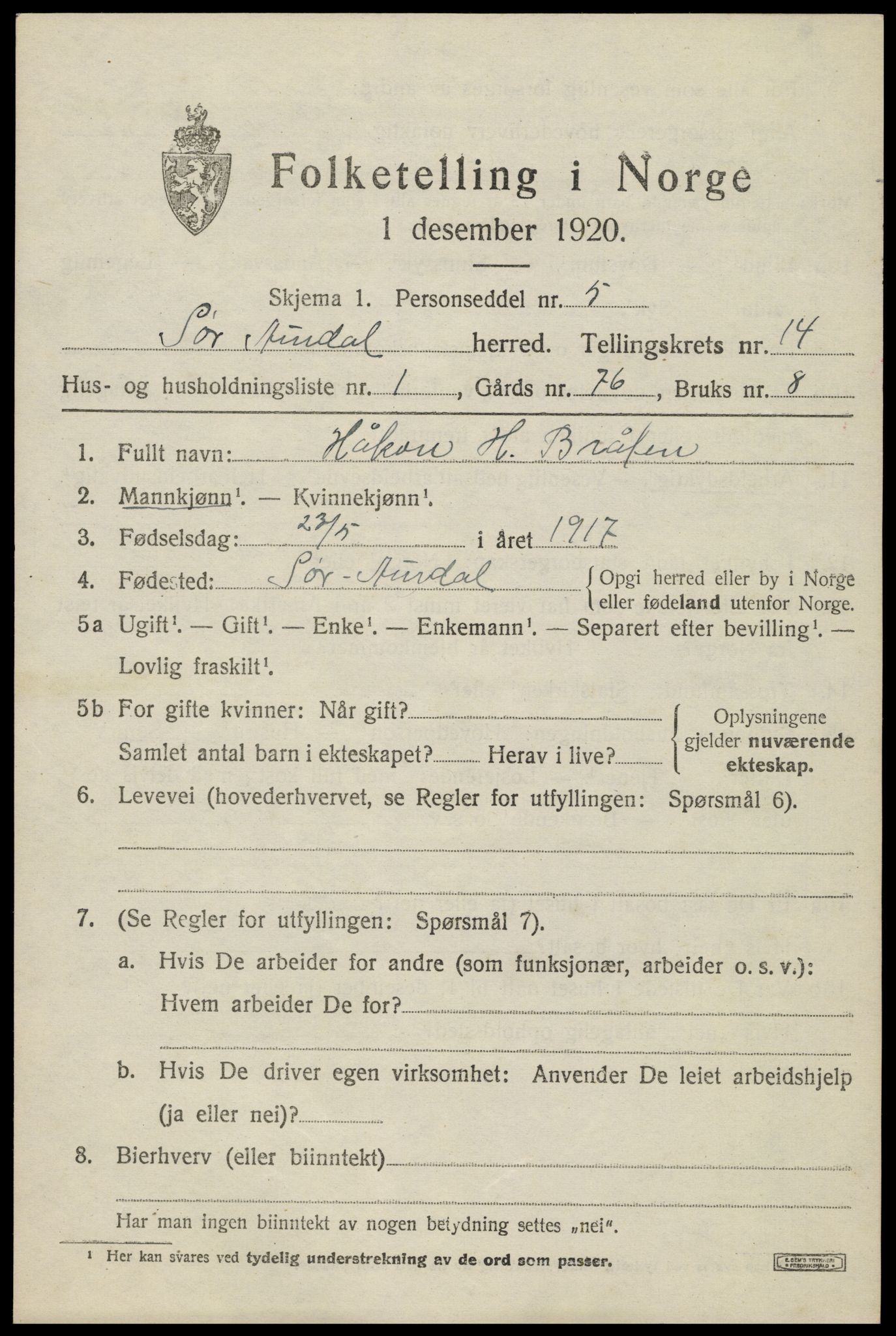 SAH, Folketelling 1920 for 0540 Sør-Aurdal herred, 1920, s. 8043