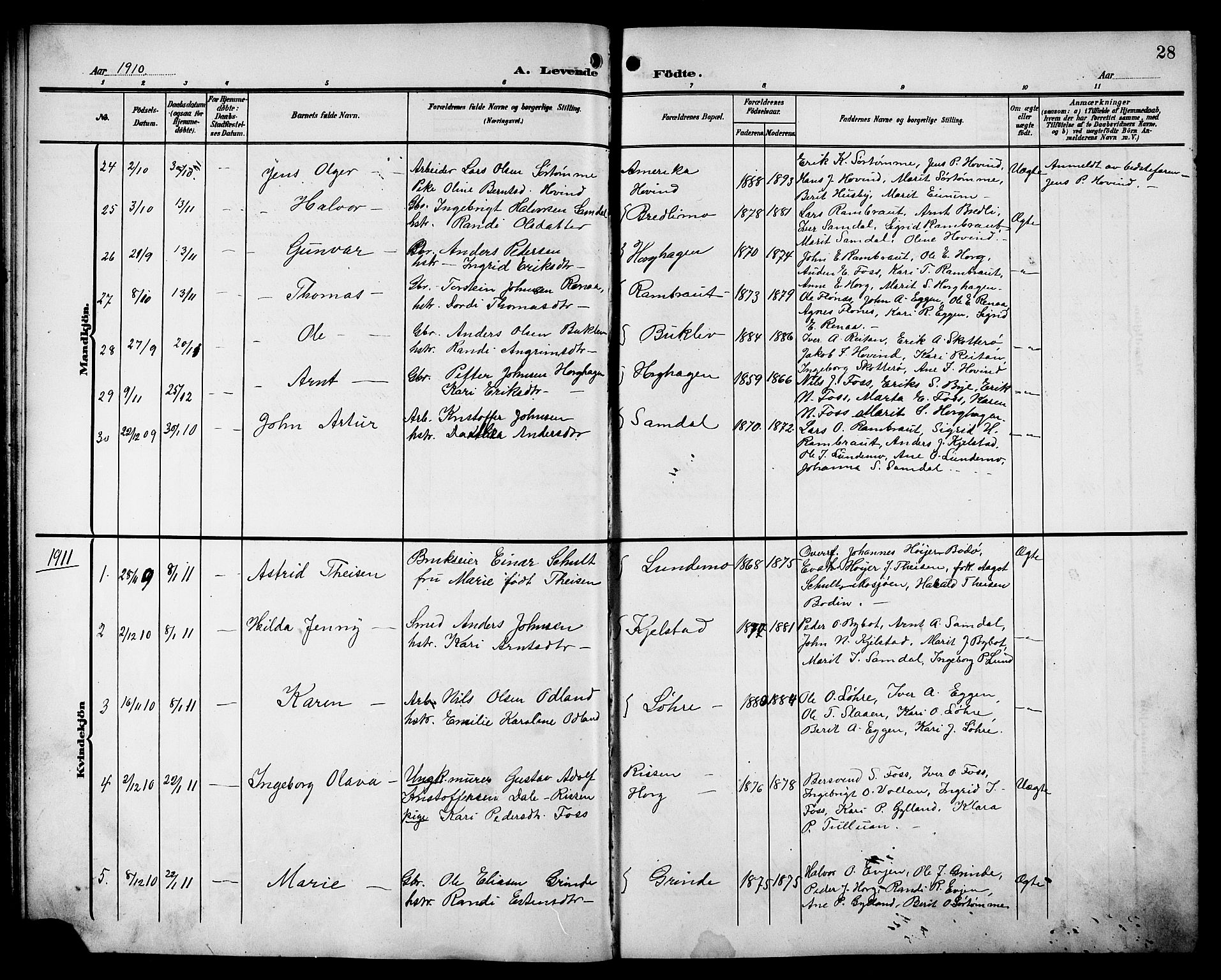 Ministerialprotokoller, klokkerbøker og fødselsregistre - Sør-Trøndelag, AV/SAT-A-1456/692/L1112: Klokkerbok nr. 692C07, 1904-1918, s. 28