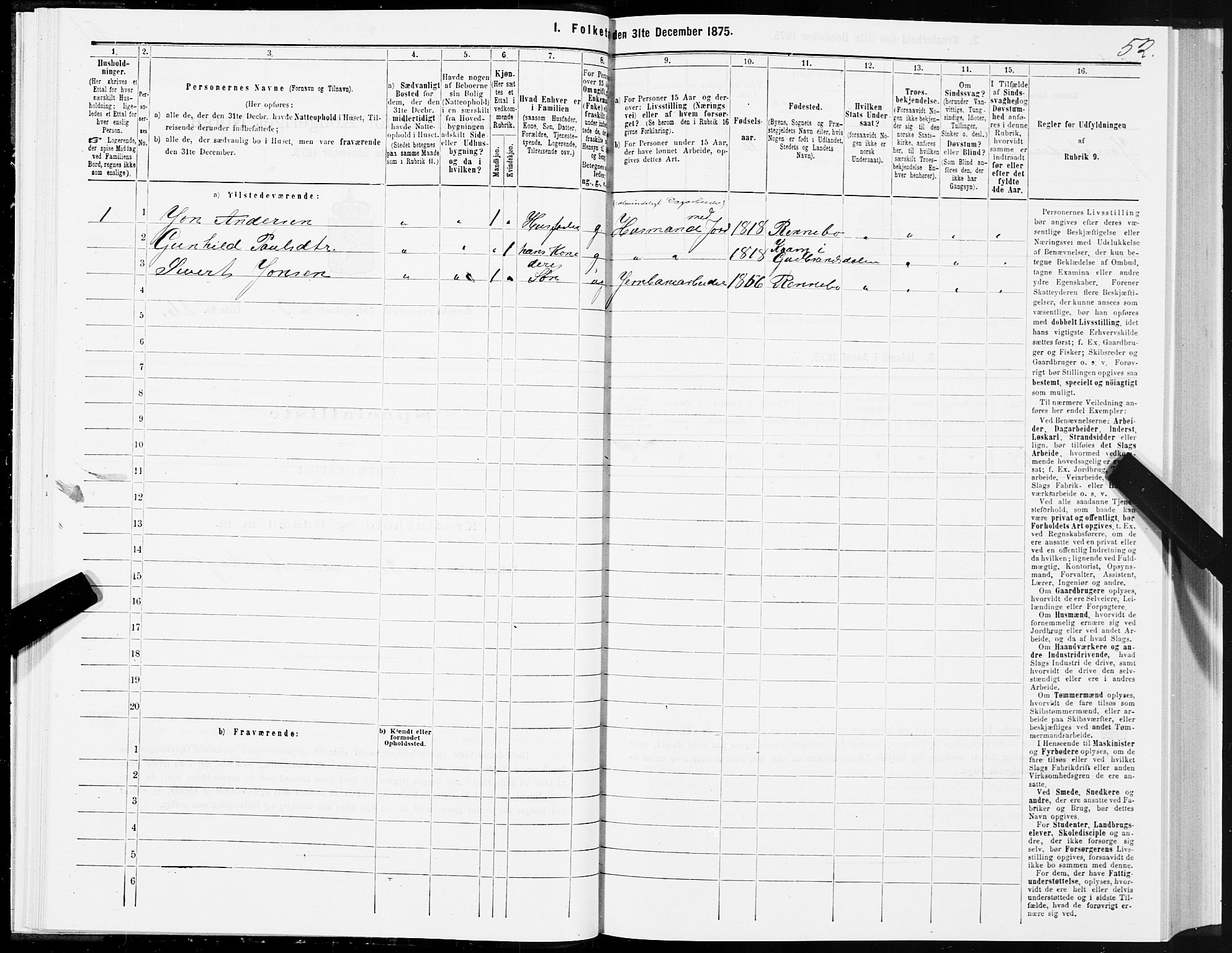 SAT, Folketelling 1875 for 1635P Rennebu prestegjeld, 1875, s. 2052