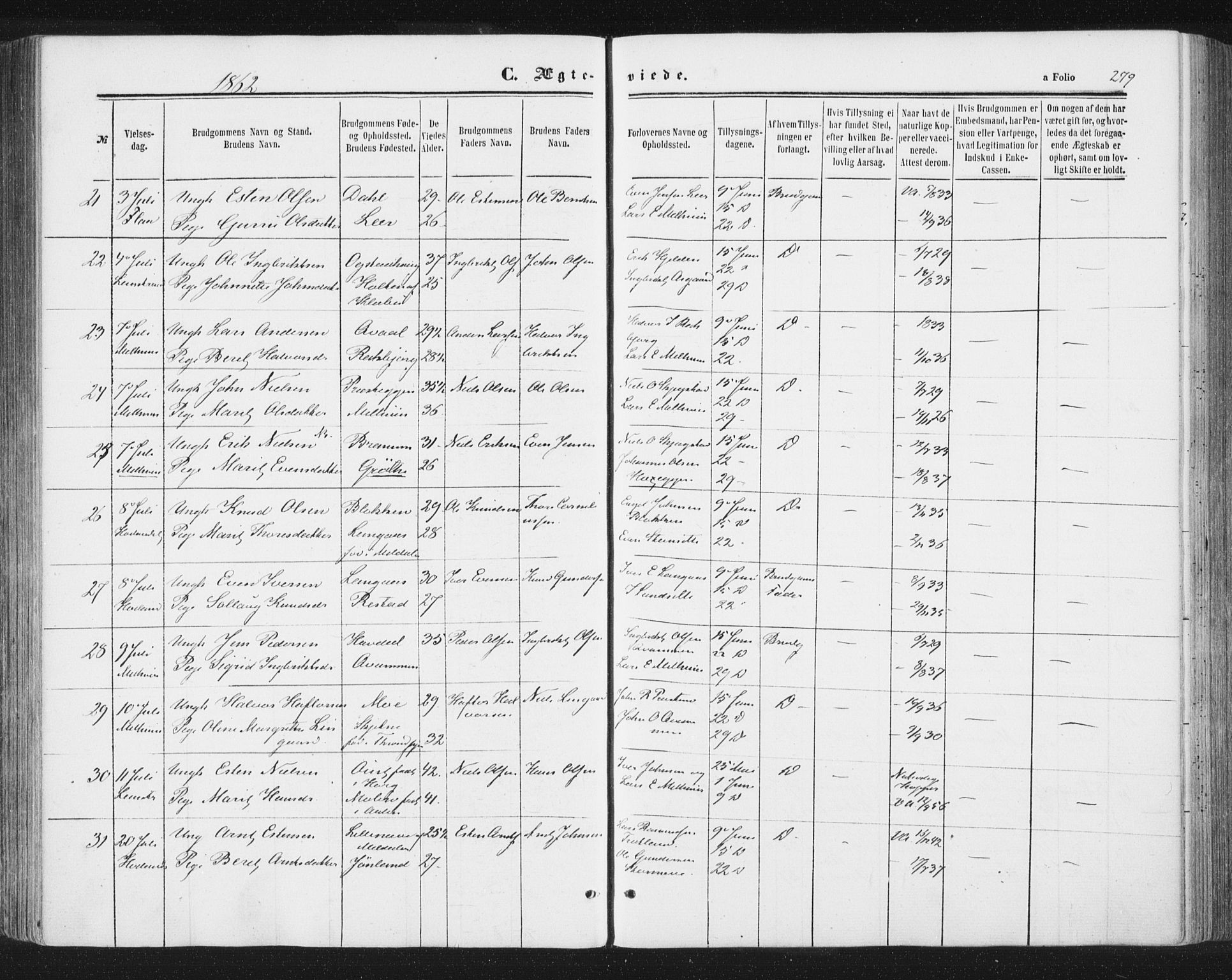 Ministerialprotokoller, klokkerbøker og fødselsregistre - Sør-Trøndelag, SAT/A-1456/691/L1077: Ministerialbok nr. 691A09, 1862-1873, s. 279