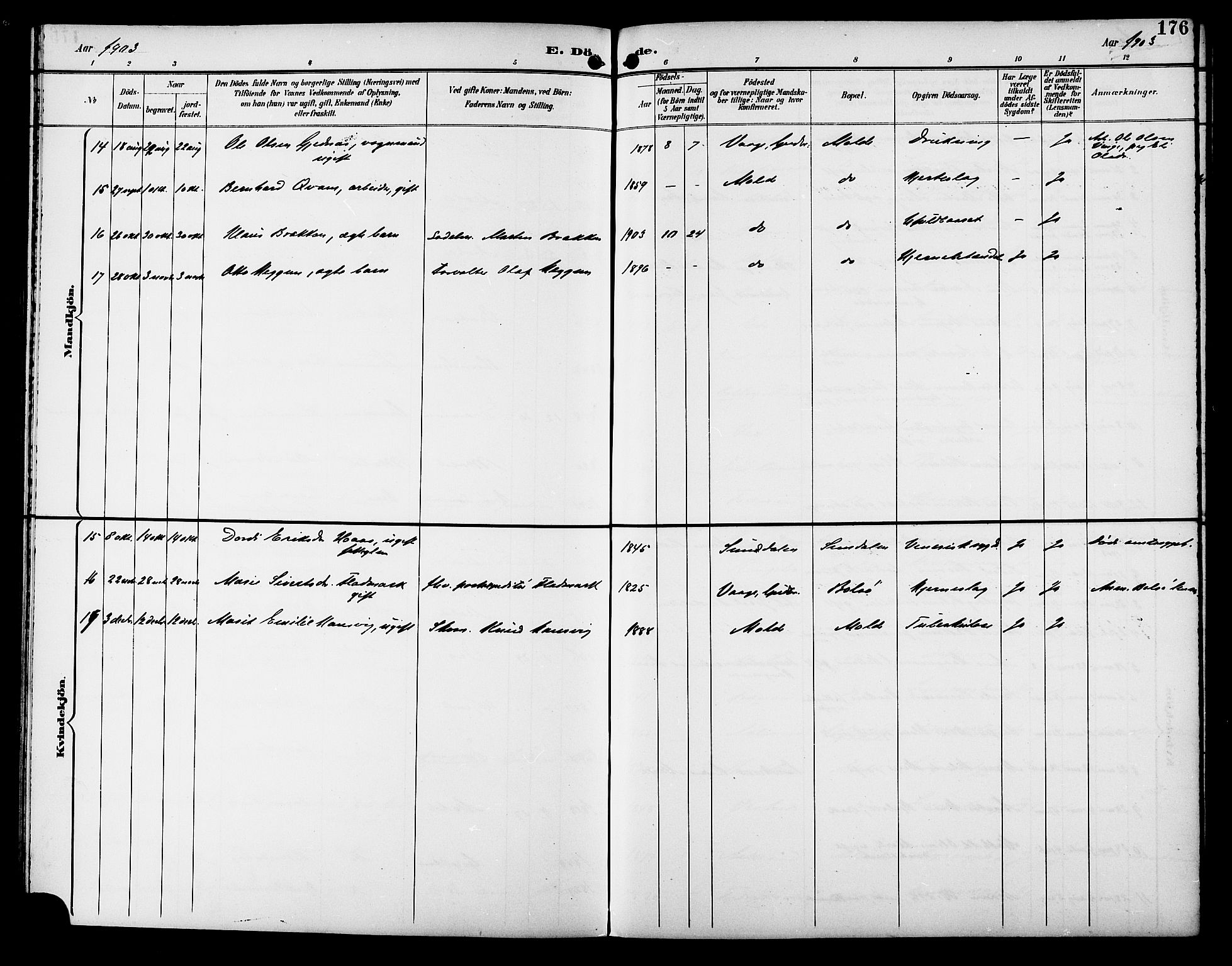 Ministerialprotokoller, klokkerbøker og fødselsregistre - Møre og Romsdal, SAT/A-1454/558/L0702: Klokkerbok nr. 558C03, 1894-1915, s. 176