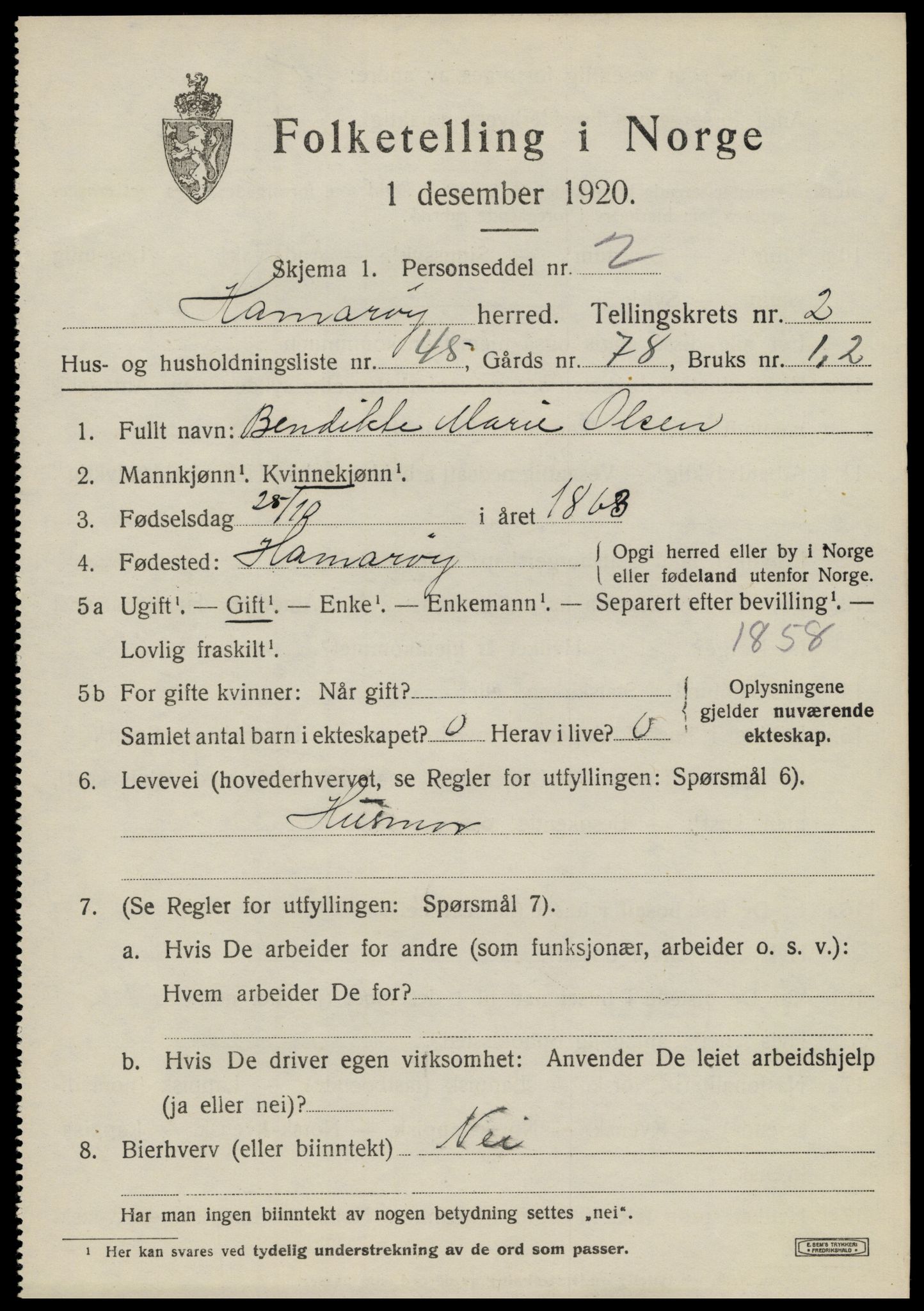 SAT, Folketelling 1920 for 1849 Hamarøy herred, 1920, s. 2012