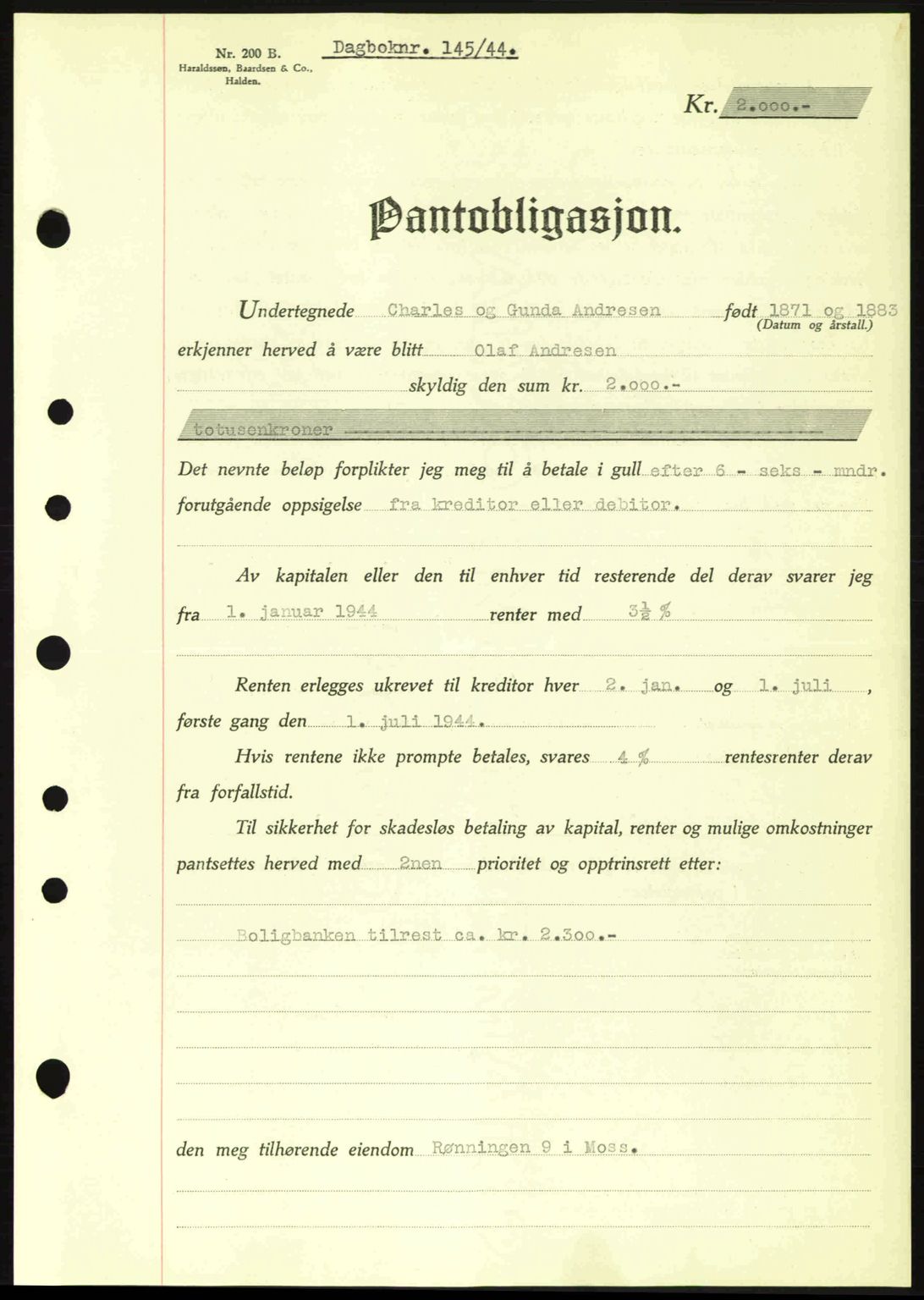 Moss sorenskriveri, SAO/A-10168: Pantebok nr. B13, 1943-1945, Dagboknr: 145/1944