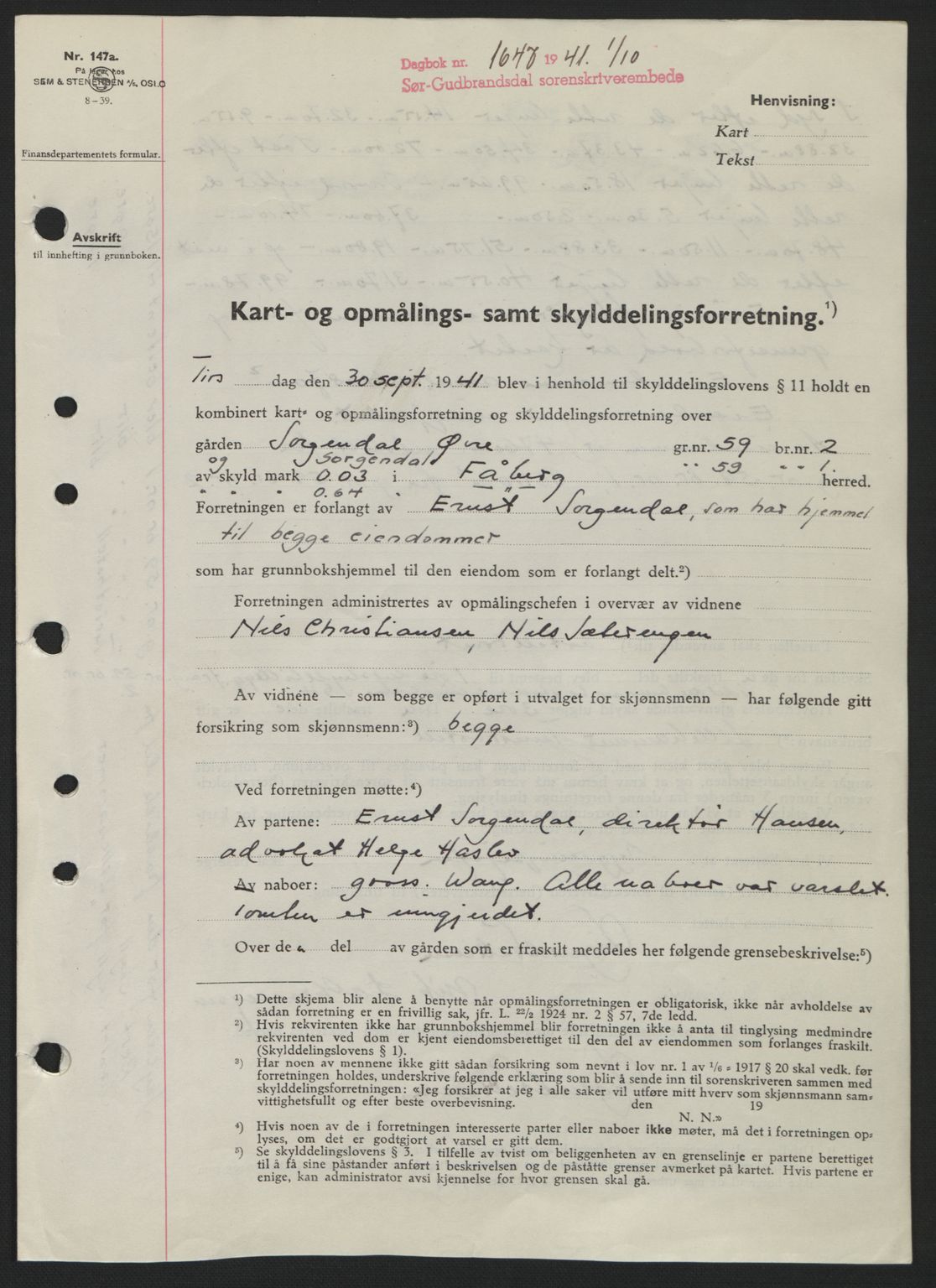 Sør-Gudbrandsdal tingrett, SAH/TING-004/H/Hb/Hbd/L0009: Pantebok nr. A9, 1941-1941, Dagboknr: 1647/1941