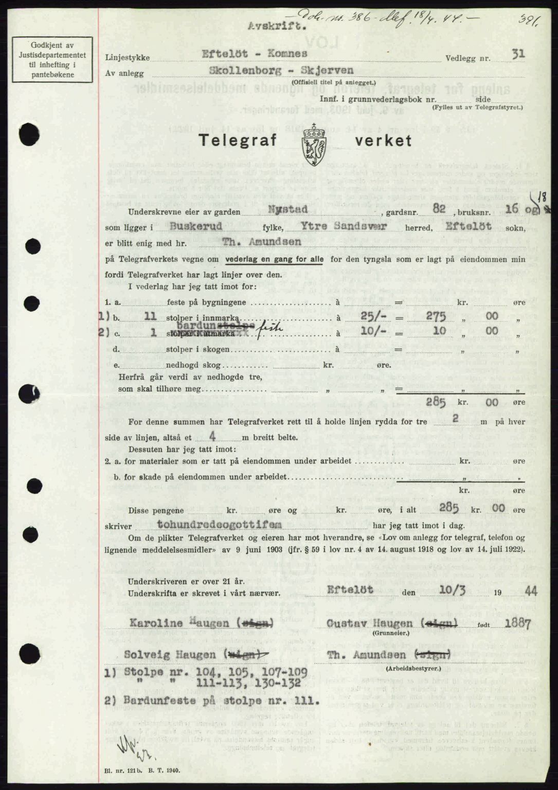 Numedal og Sandsvær sorenskriveri, SAKO/A-128/G/Ga/Gaa/L0055: Pantebok nr. A7, 1943-1944, Dagboknr: 386/1944