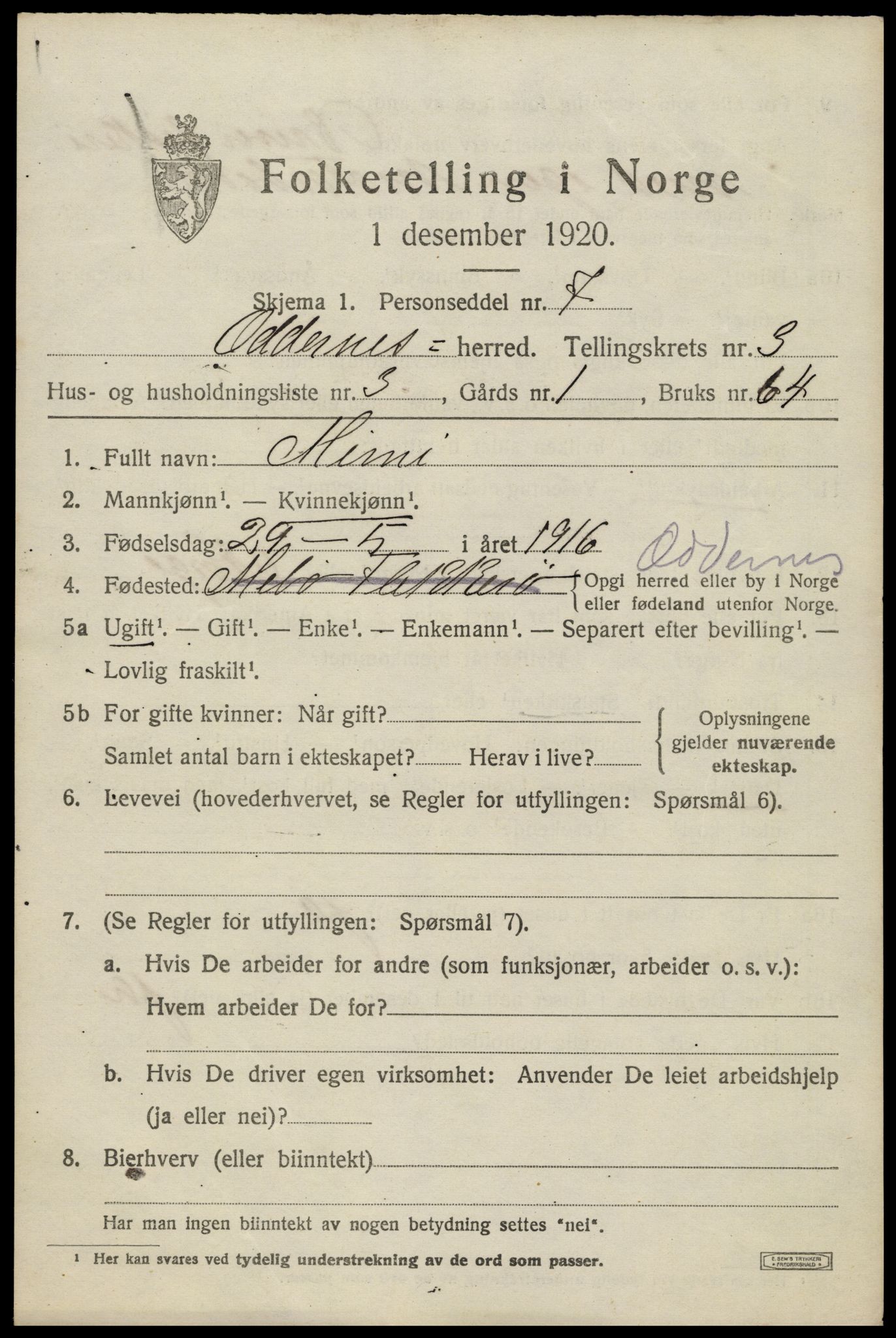 SAK, Folketelling 1920 for 1012 Oddernes herred, 1920, s. 3381
