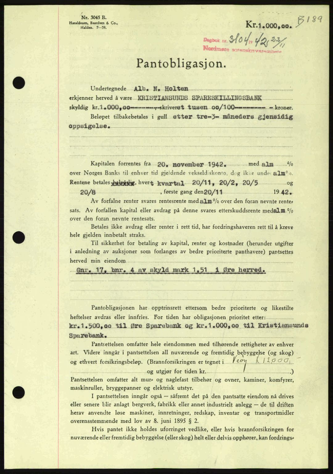 Nordmøre sorenskriveri, SAT/A-4132/1/2/2Ca: Pantebok nr. B90, 1942-1943, Dagboknr: 3104/1942