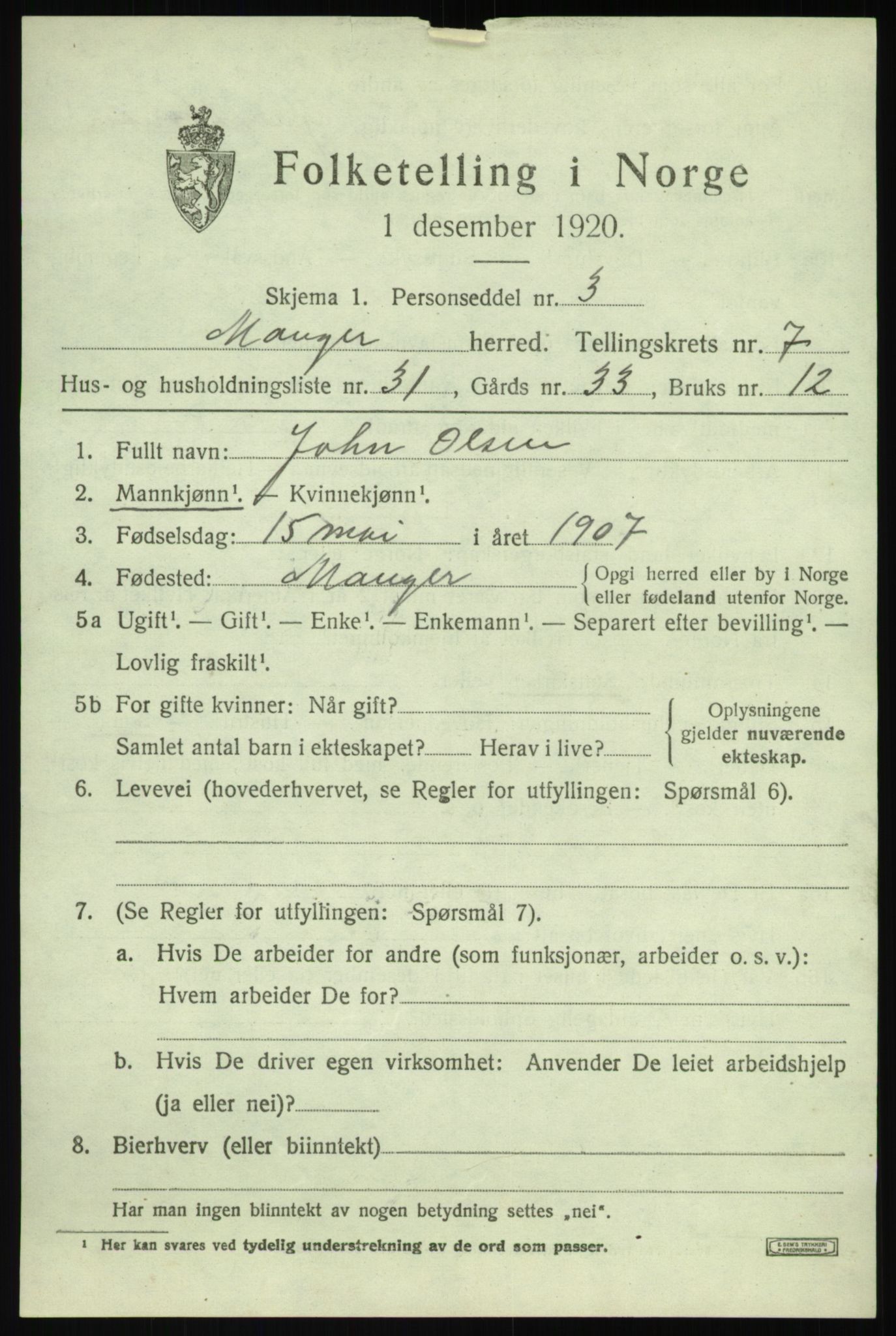 SAB, Folketelling 1920 for 1261 Manger herred, 1920, s. 4715