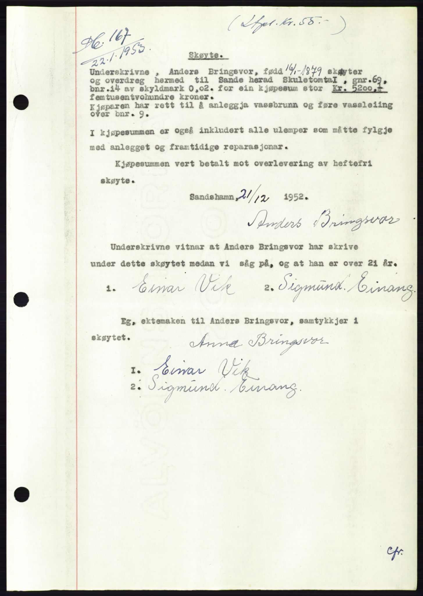 Søre Sunnmøre sorenskriveri, AV/SAT-A-4122/1/2/2C/L0094: Pantebok nr. 20A, 1953-1953, Dagboknr: 167/1953