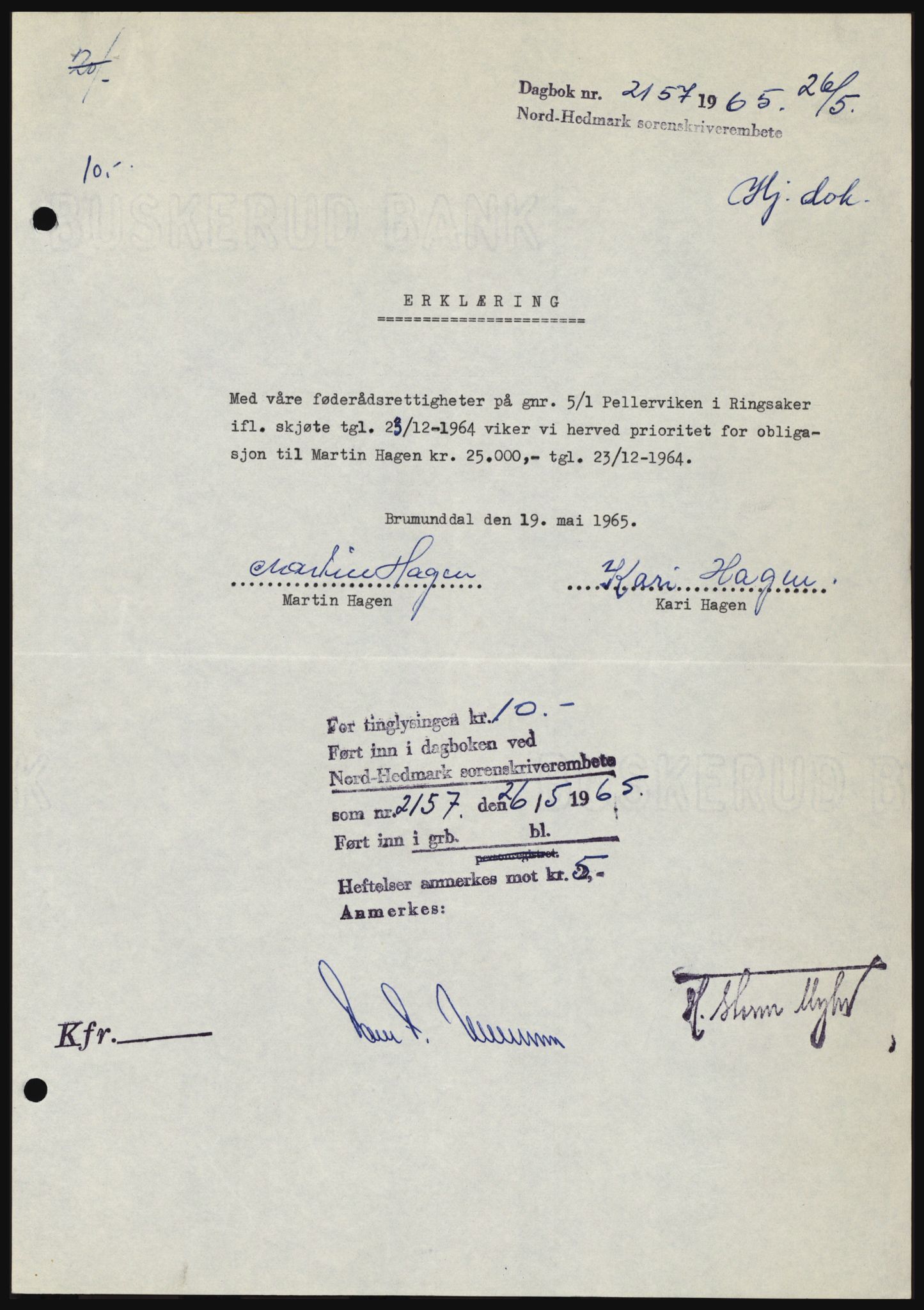 Nord-Hedmark sorenskriveri, AV/SAH-TING-012/H/Hc/L0021: Pantebok nr. 21, 1964-1965, Dagboknr: 2157/1965