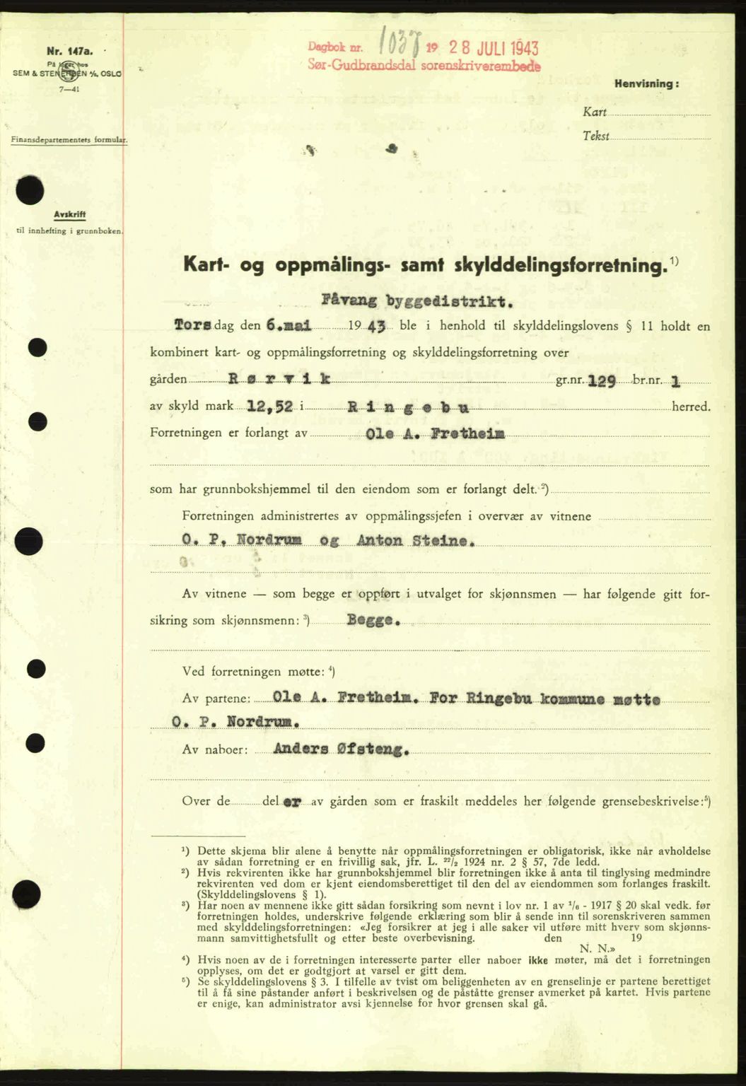 Sør-Gudbrandsdal tingrett, SAH/TING-004/H/Hb/Hbd/L0012: Pantebok nr. A12, 1943-1944, Dagboknr: 1037/1943