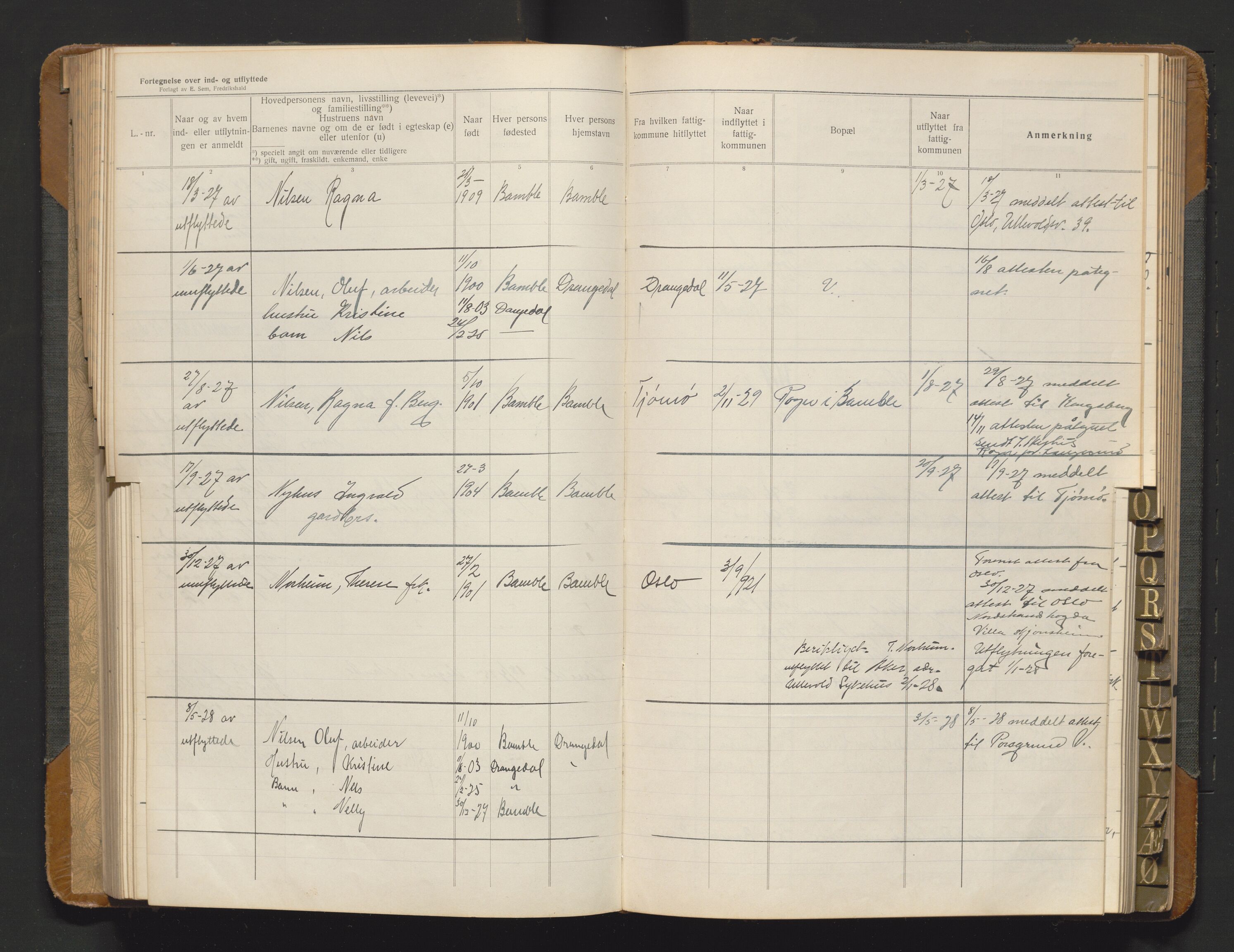 Bamble lensmannskontor, AV/SAKO-A-552/O/Oa/L0002: Protokoll over inn- og utflyttede - Bamble, 1918-1933