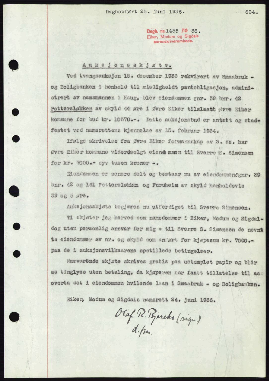 Eiker, Modum og Sigdal sorenskriveri, SAKO/A-123/G/Ga/Gab/L0032: Pantebok nr. A2, 1936-1936, Dagboknr: 1455/1936