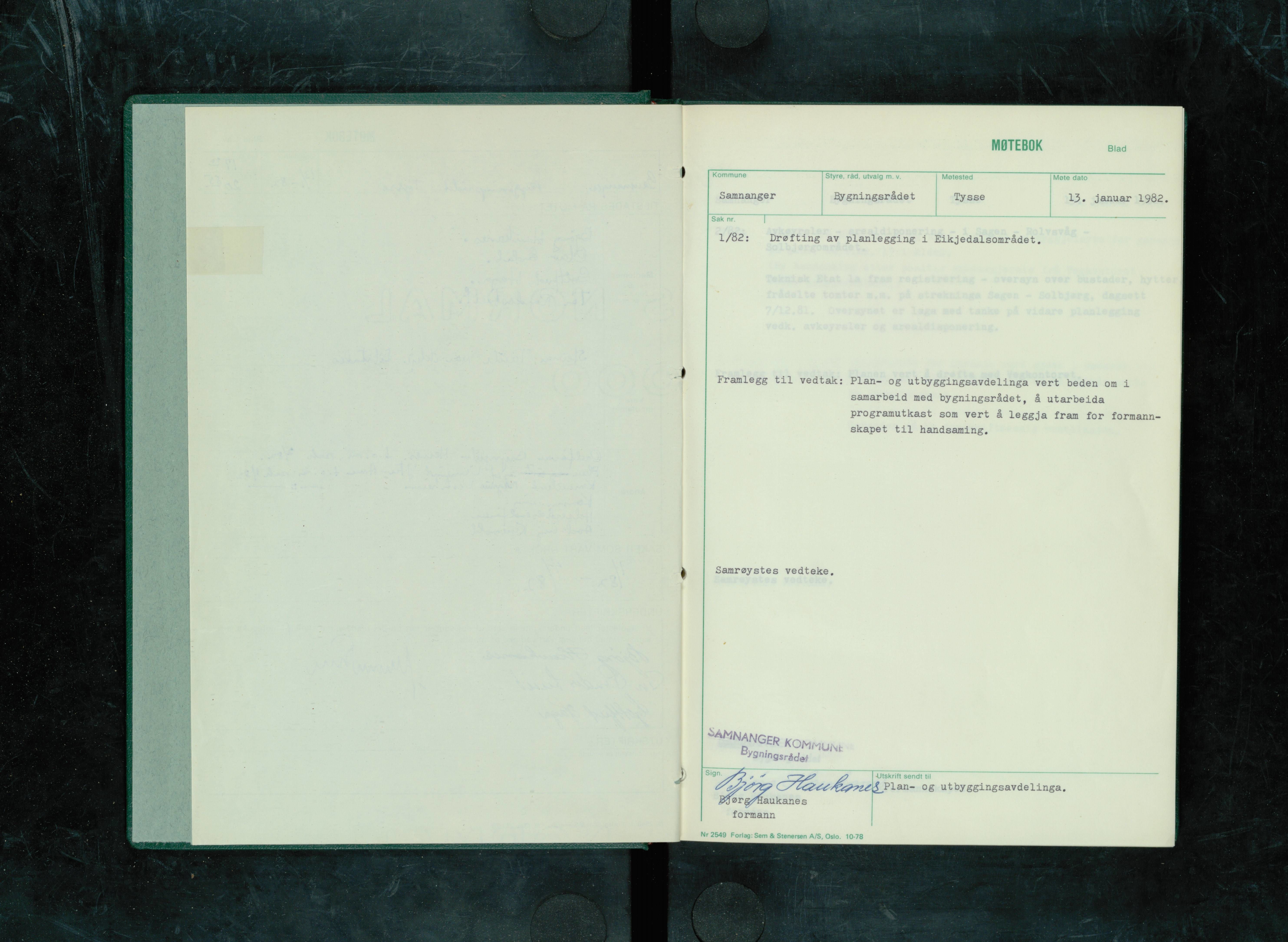 Samnanger kommune. Bygningsrådet, IKAH/1242-511/A/Aa/L0006: Møtebok for Samnanger bygningsråd, 1982