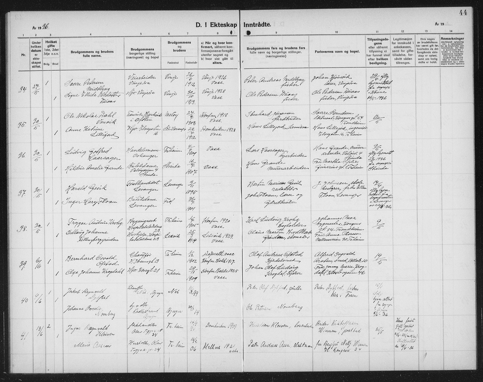Ministerialprotokoller, klokkerbøker og fødselsregistre - Sør-Trøndelag, SAT/A-1456/602/L0152: Klokkerbok nr. 602C20, 1933-1940, s. 44