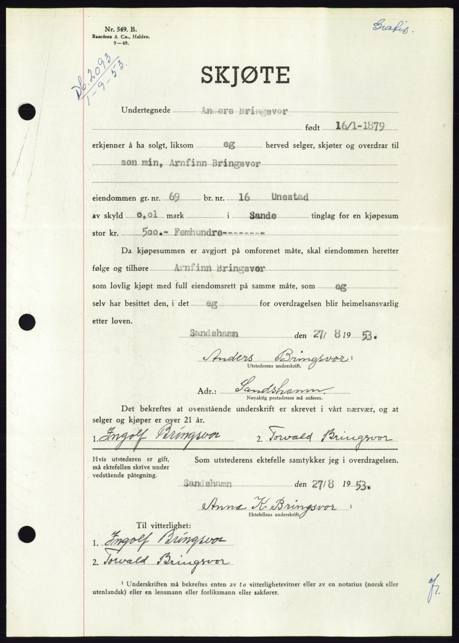 Søre Sunnmøre sorenskriveri, AV/SAT-A-4122/1/2/2C/L0095: Pantebok nr. 21A, 1953-1953, Dagboknr: 2093/1953