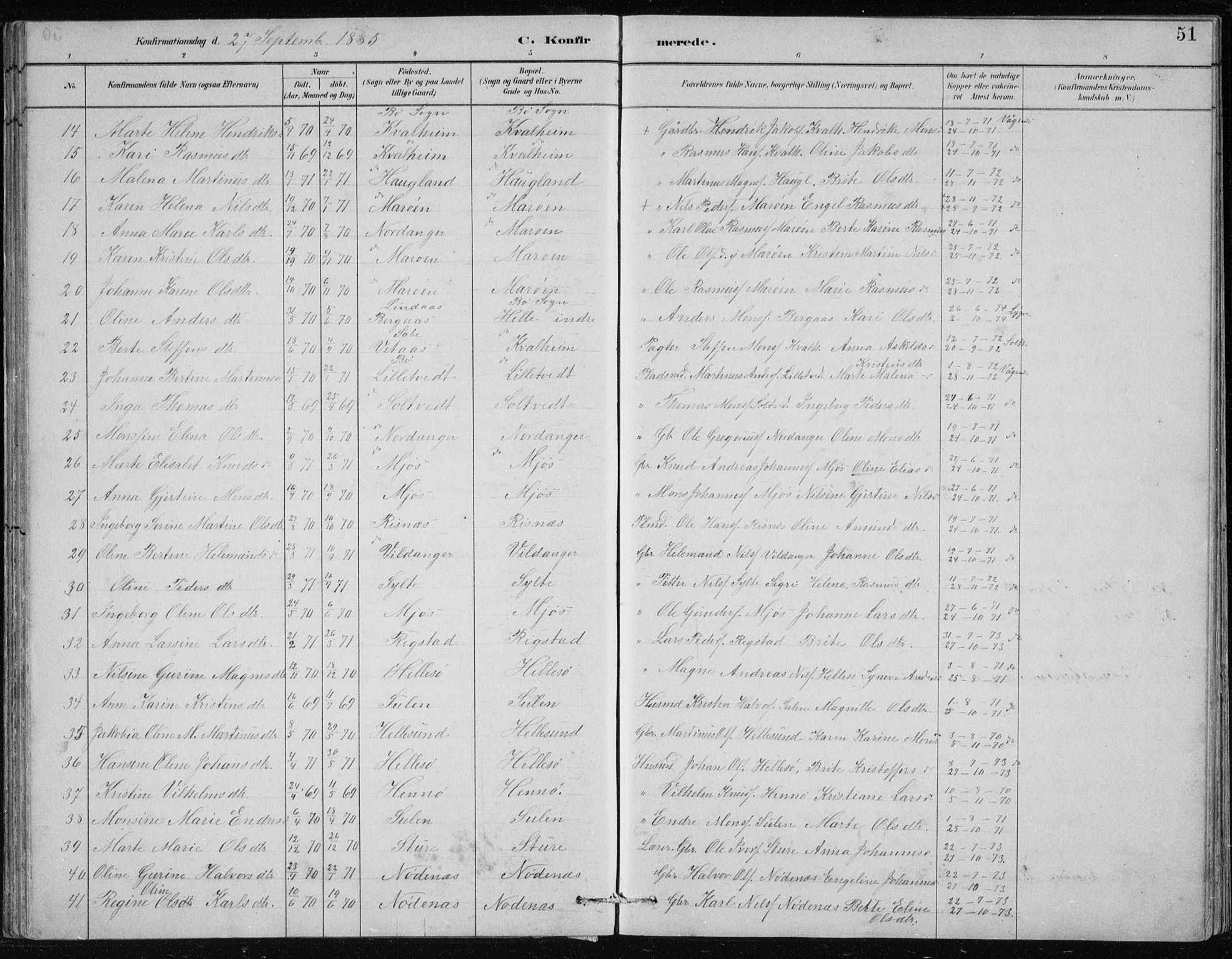Manger sokneprestembete, AV/SAB-A-76801/H/Hab: Klokkerbok nr. B 2, 1882-1890, s. 51