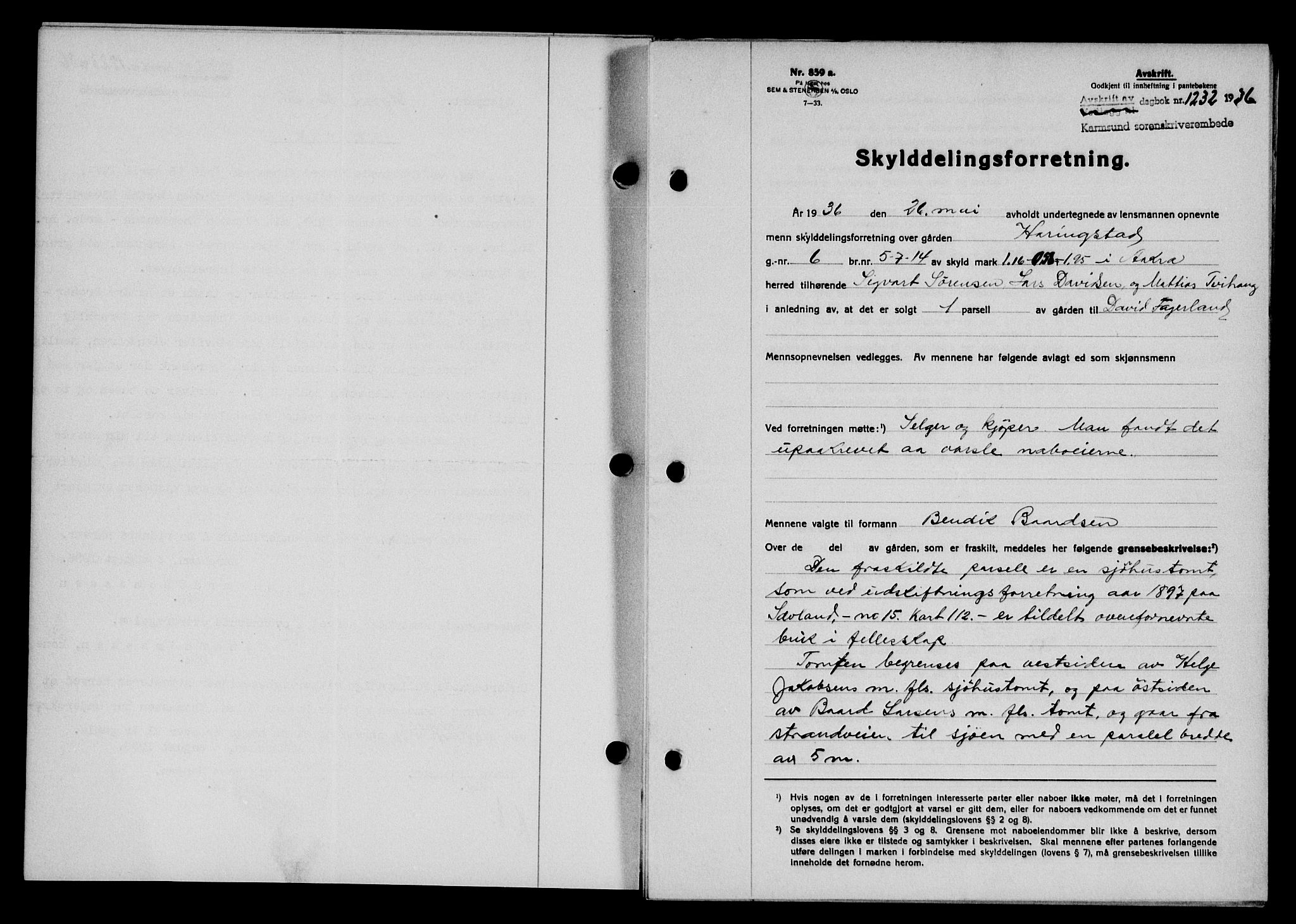 Karmsund sorenskriveri, SAST/A-100311/01/II/IIB/L0066: Pantebok nr. 47A, 1936-1936, Dagboknr: 1232/1936
