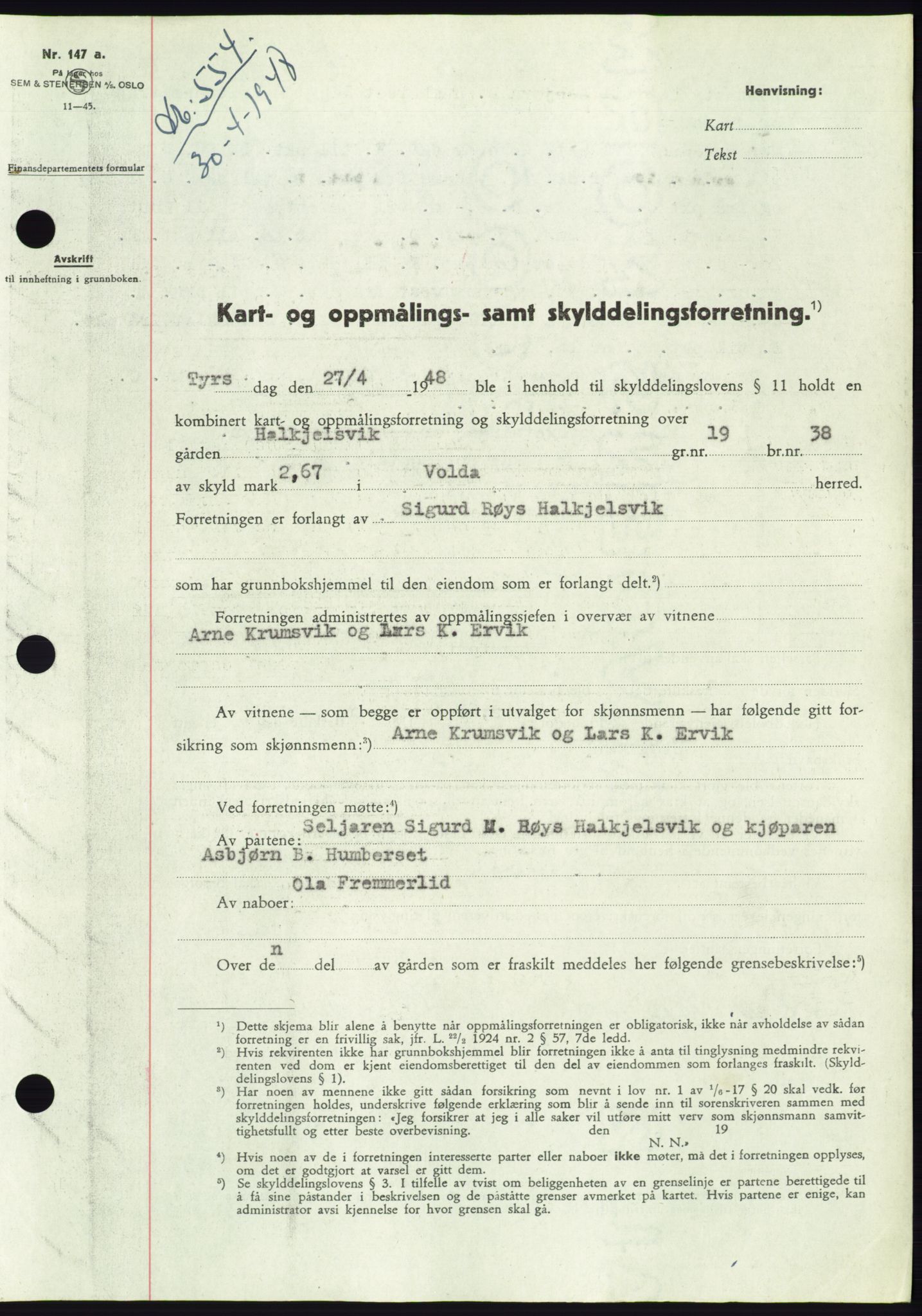 Søre Sunnmøre sorenskriveri, SAT/A-4122/1/2/2C/L0082: Pantebok nr. 8A, 1948-1948, Dagboknr: 554/1948